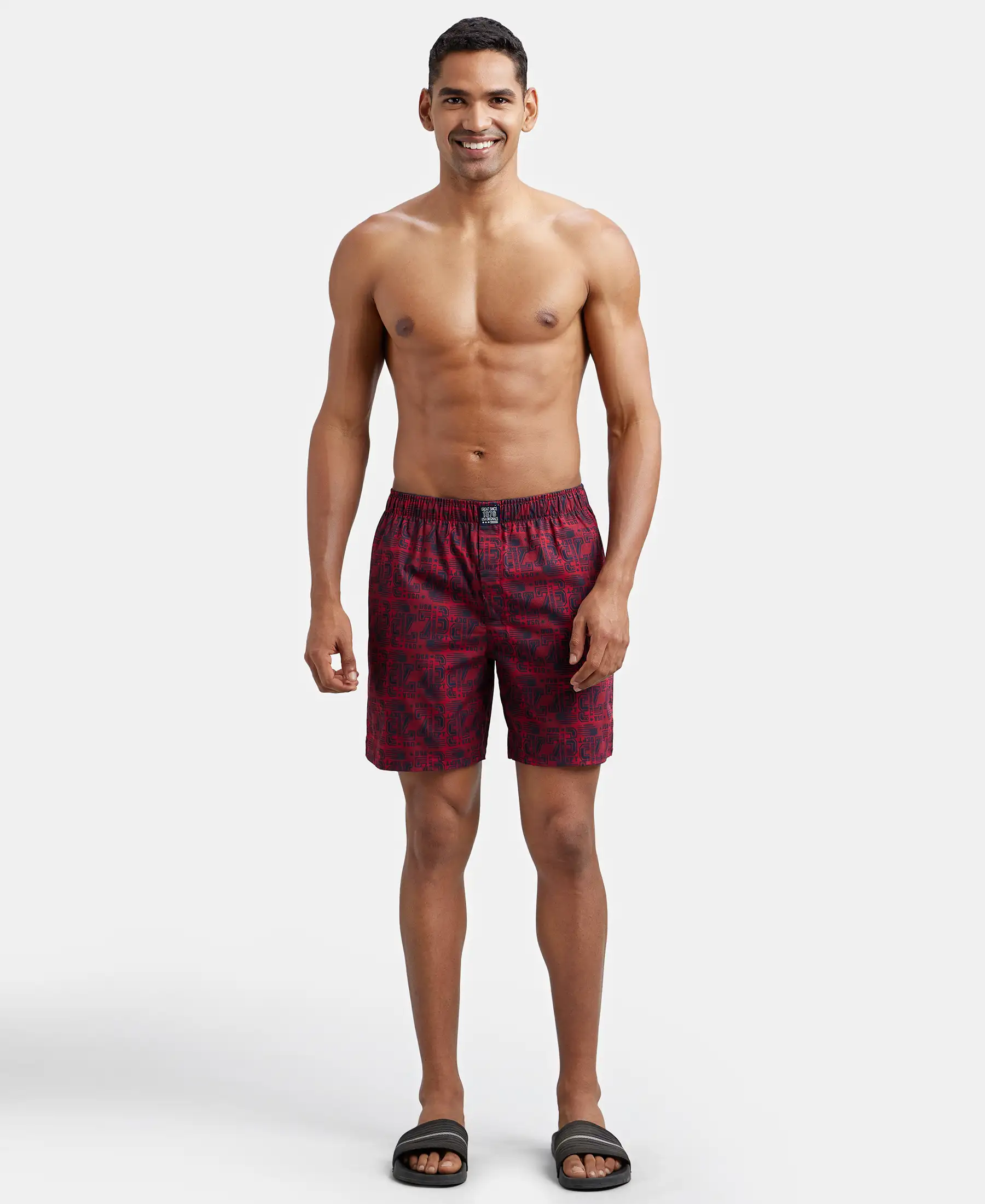 Super Combed Mercerized Cotton Woven Printed Boxer Shorts with Side Pockets - Navy Brick Red (Pack of 2) - Image 3