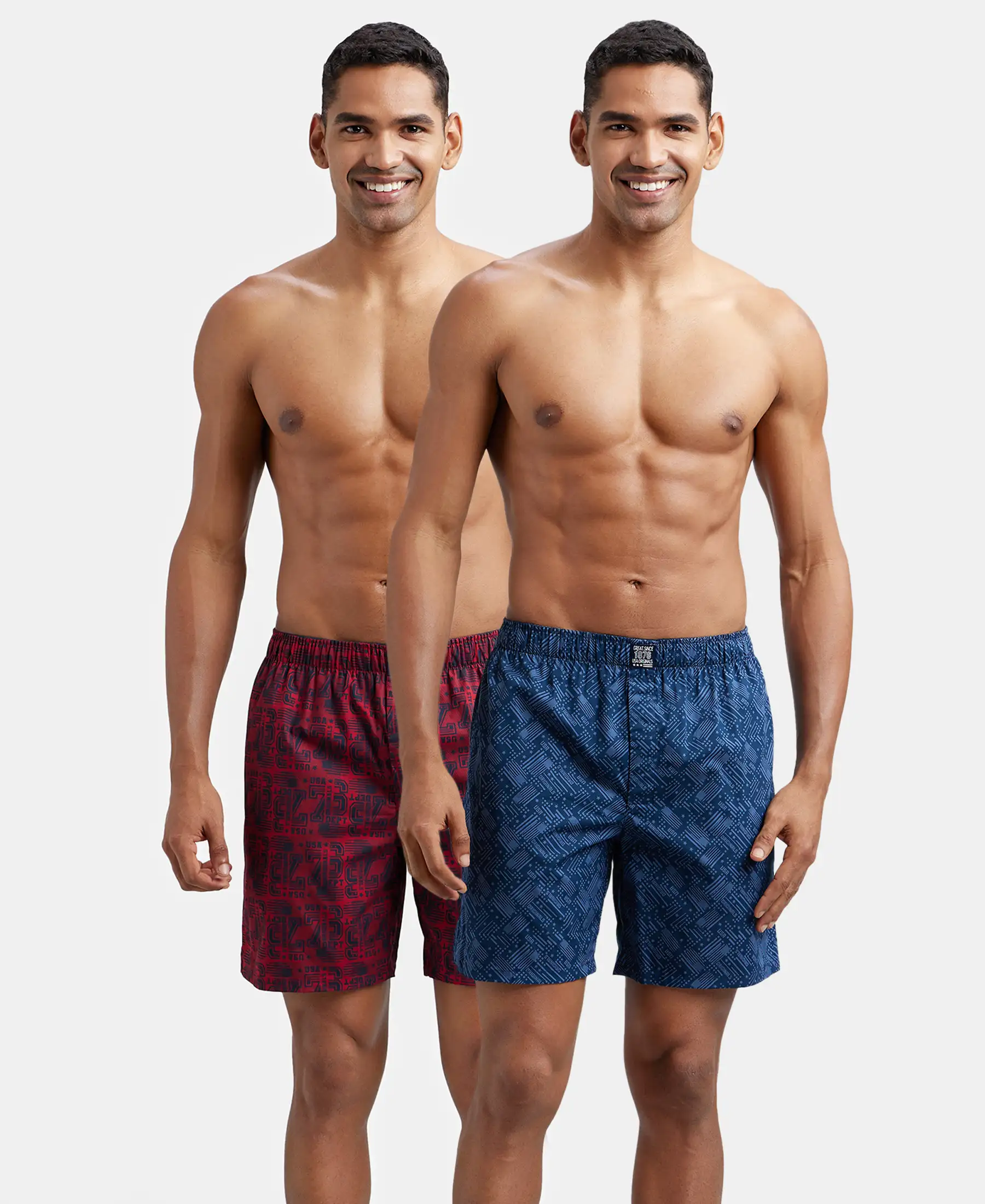 Super Combed Mercerized Cotton Woven Printed Boxer Shorts with Side Pockets - Navy Brick Red (Pack of 2) - Image 4
