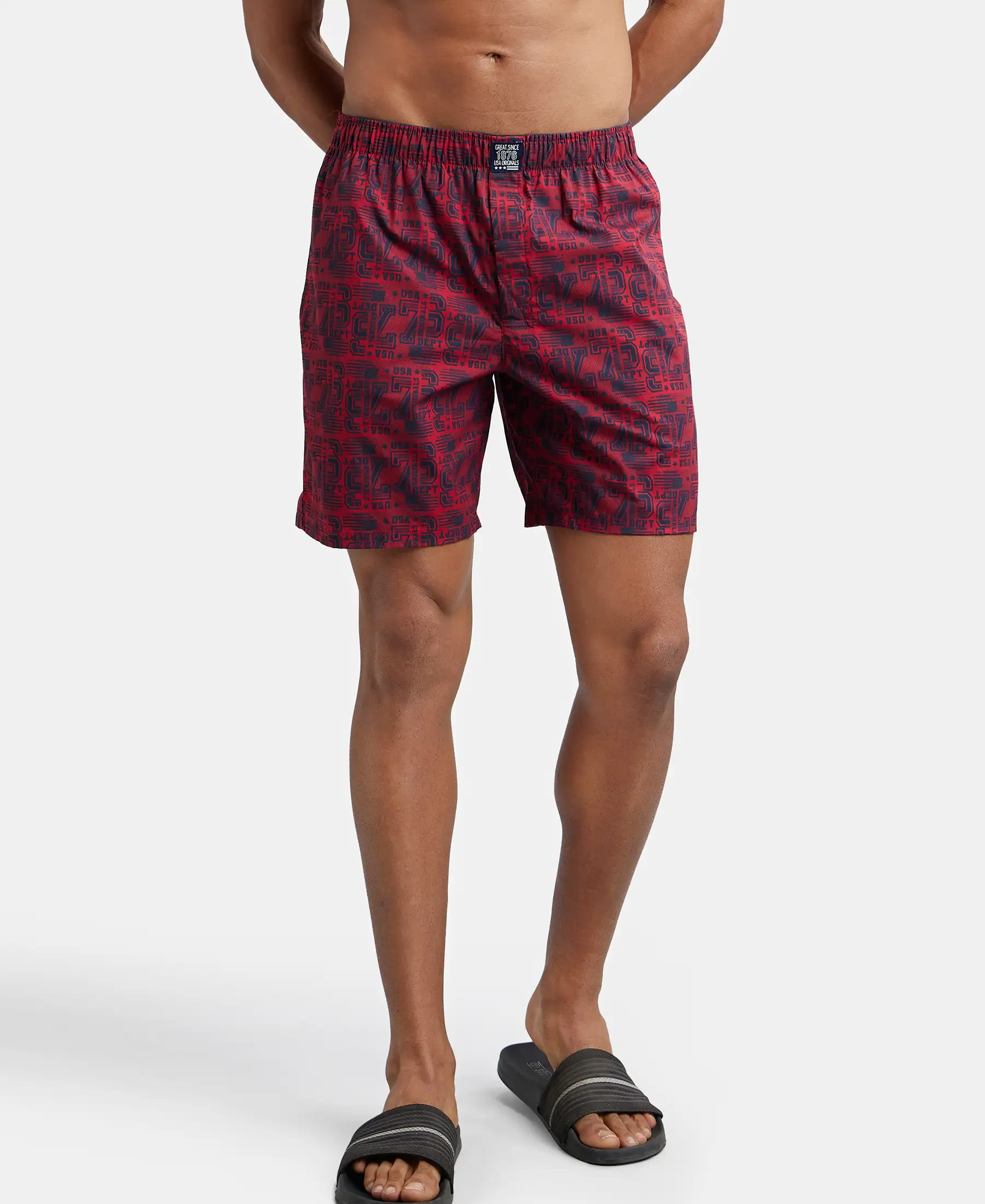Super Combed Mercerized Cotton Woven Printed Boxer Shorts with Side Pockets - Navy Brick Red (Pack of 2) - Image 9