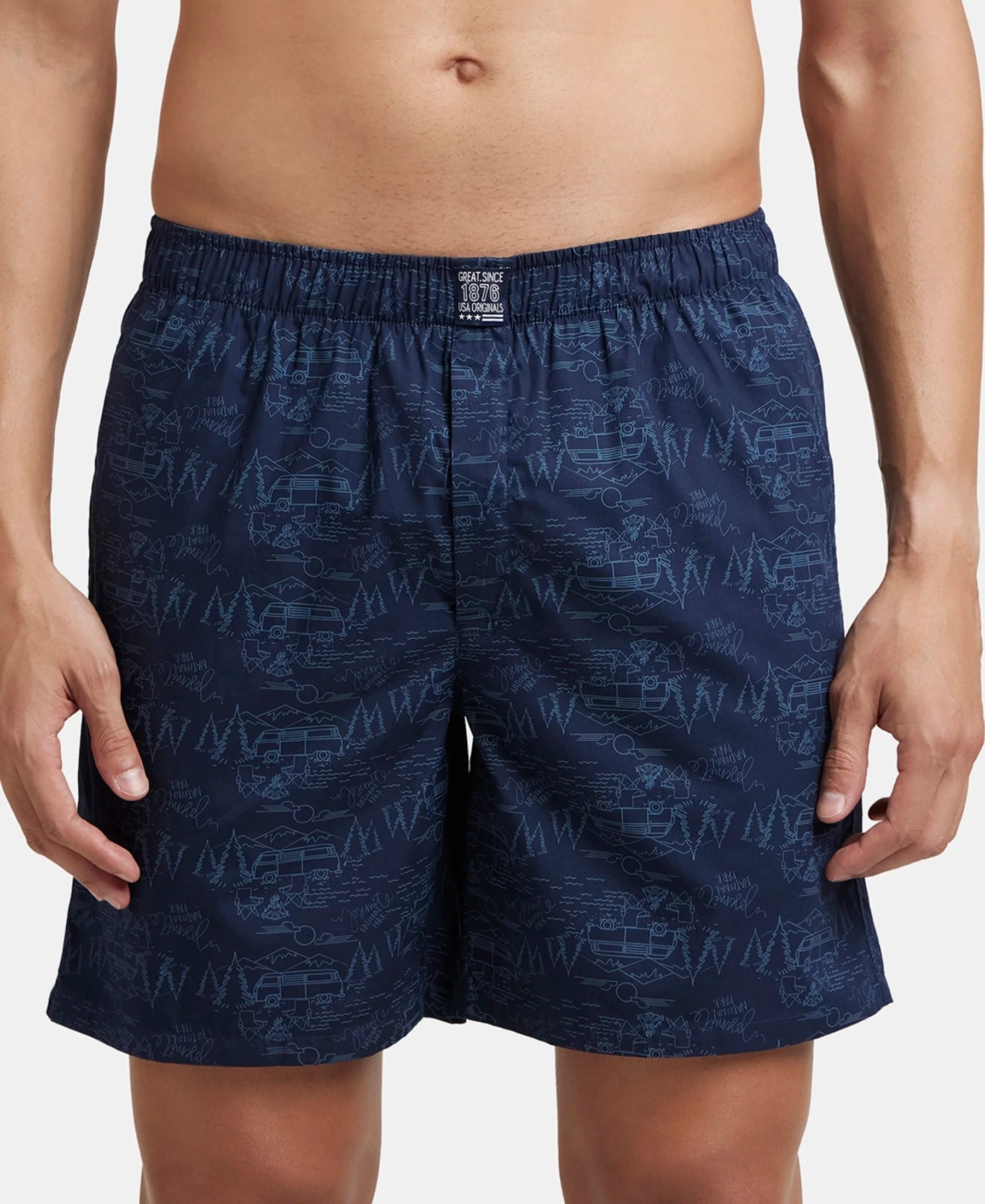 Super Combed Mercerized Cotton Woven Printed Boxer Shorts with Side Pockets - Navy & Burnt Olive (Pack of 2) - Image 3