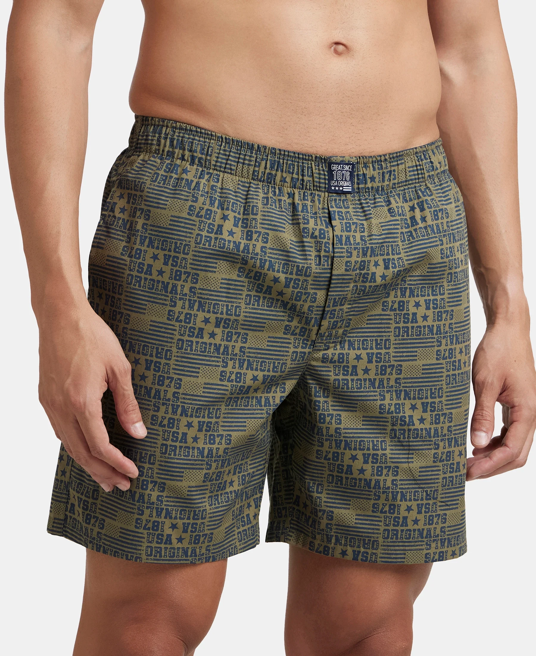 Super Combed Mercerized Cotton Woven Printed Boxer Shorts with Side Pockets - Navy & Burnt Olive (Pack of 2) - Image 4