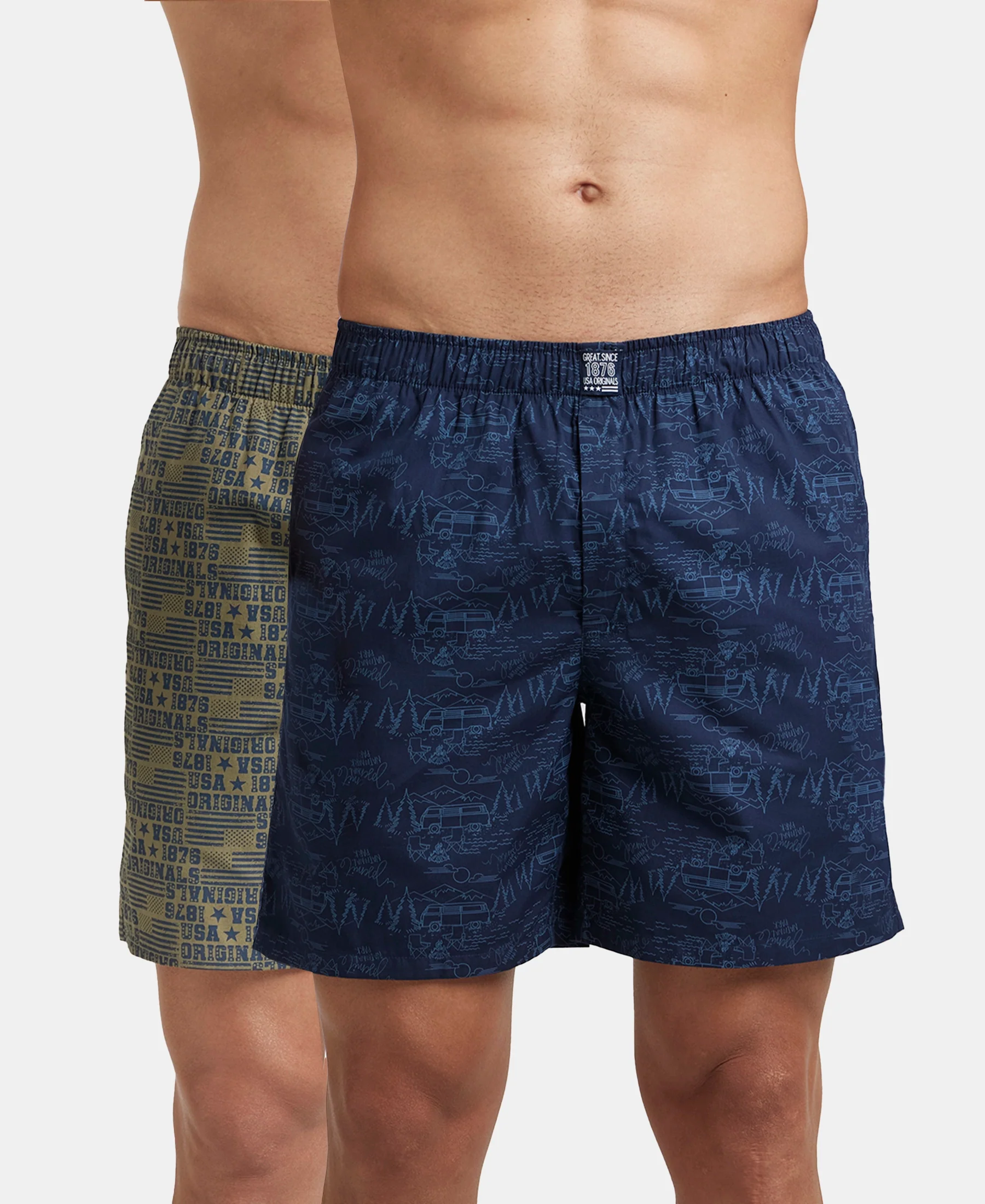Super Combed Mercerized Cotton Woven Printed Boxer Shorts with Side Pockets - Navy & Burnt Olive (Pack of 2) - Image 5