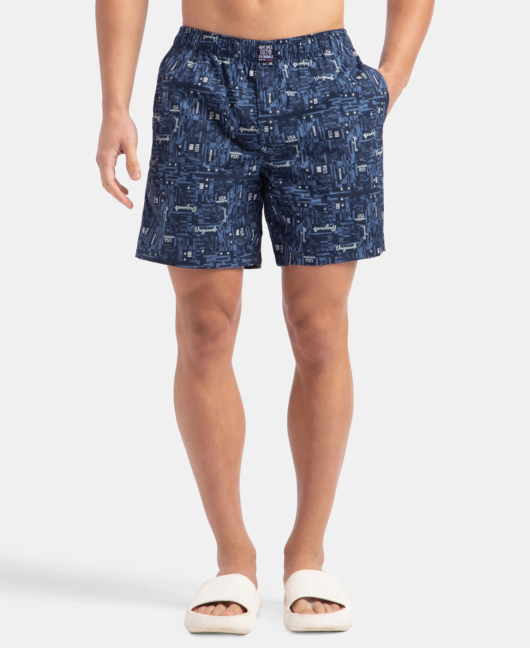 Super Combed Mercerized Cotton Woven Printed Boxer Shorts with Side Pockets - Navy & Karanda Red (Pack of 2) - Image 3
