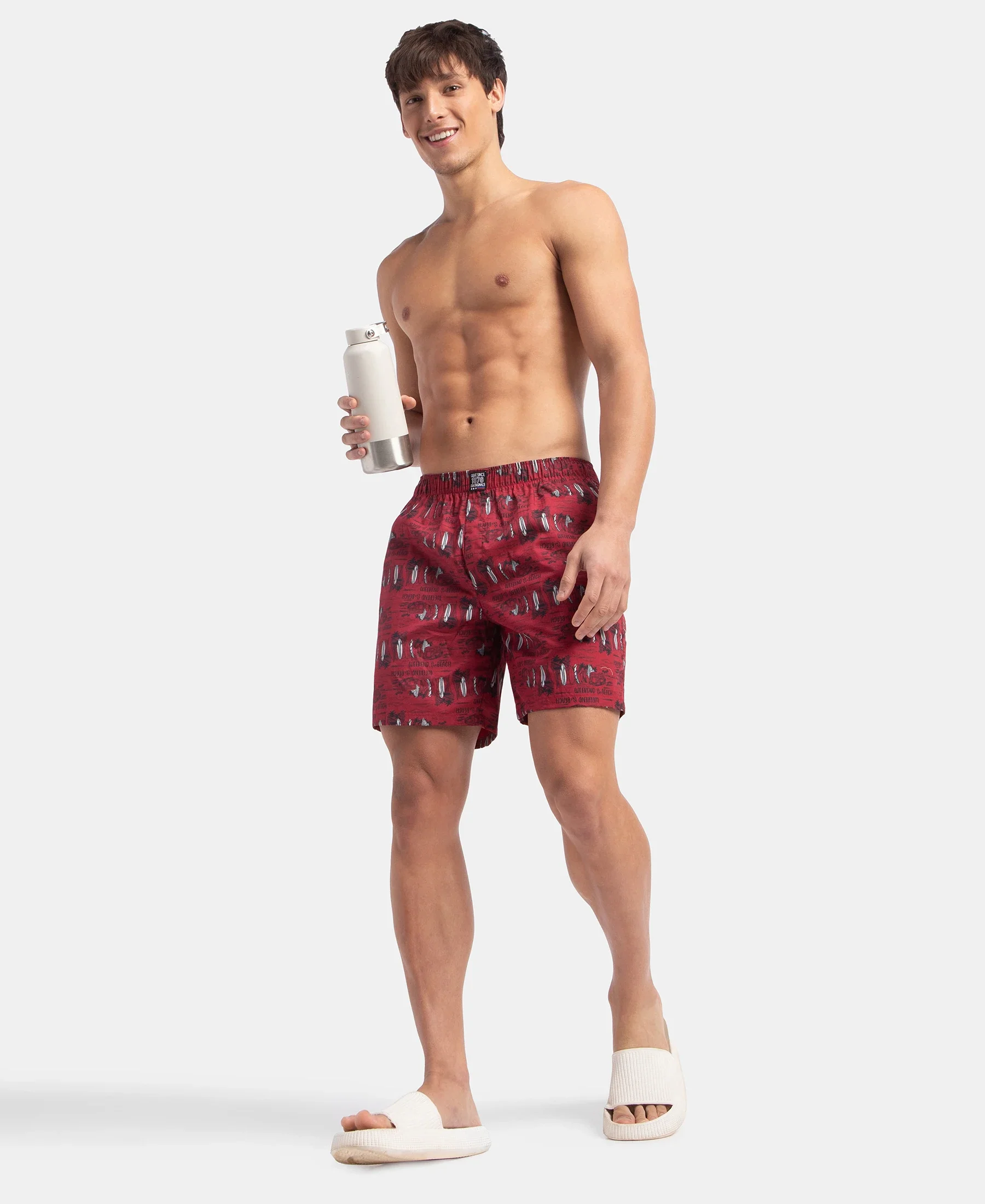 Super Combed Mercerized Cotton Woven Printed Boxer Shorts with Side Pockets - Navy & Karanda Red (Pack of 2) - Image 4