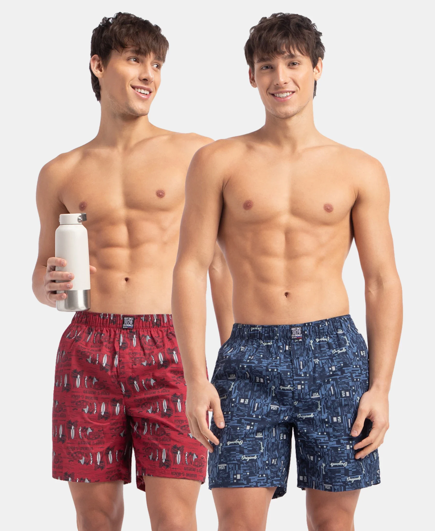 Super Combed Mercerized Cotton Woven Printed Boxer Shorts with Side Pockets - Navy & Karanda Red (Pack of 2) - Image 5