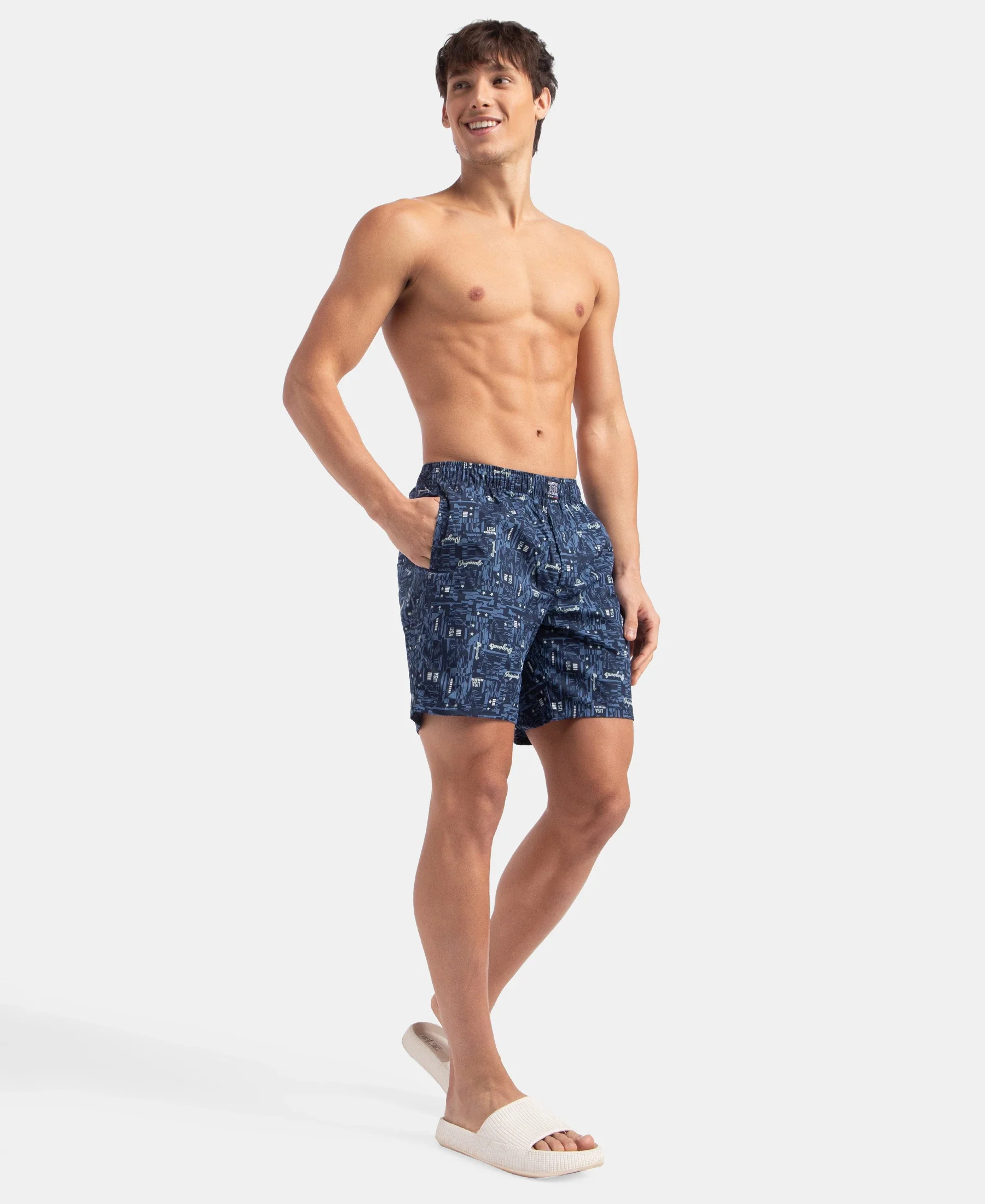 Super Combed Mercerized Cotton Woven Printed Boxer Shorts with Side Pockets - Navy & Karanda Red (Pack of 2) - Image 6
