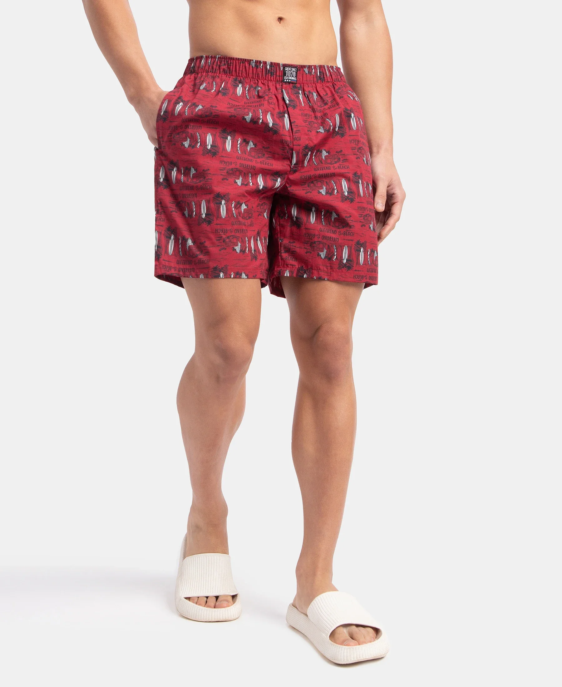 Super Combed Mercerized Cotton Woven Printed Boxer Shorts with Side Pockets - Navy & Karanda Red (Pack of 2) - Image 7