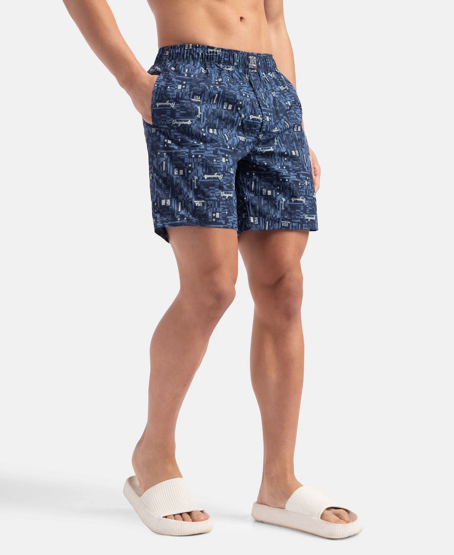 Super Combed Mercerized Cotton Woven Printed Boxer Shorts with Side Pockets - Navy & Karanda Red (Pack of 2) - Image 8