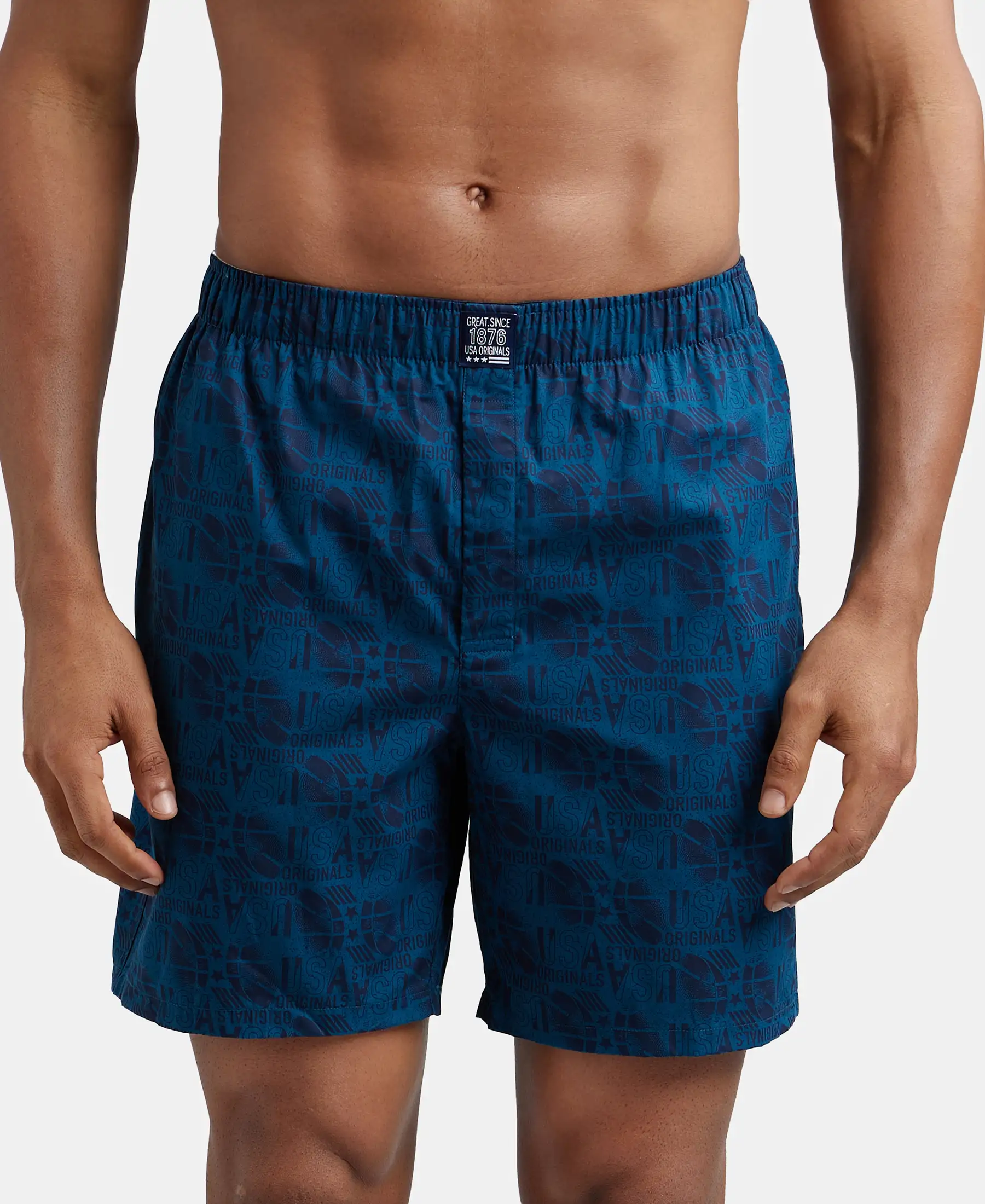 Super Combed Mercerized Cotton Woven Printed Boxer Shorts with Side Pockets - Navy Seaport Teal (Pack of 2) - Image 7