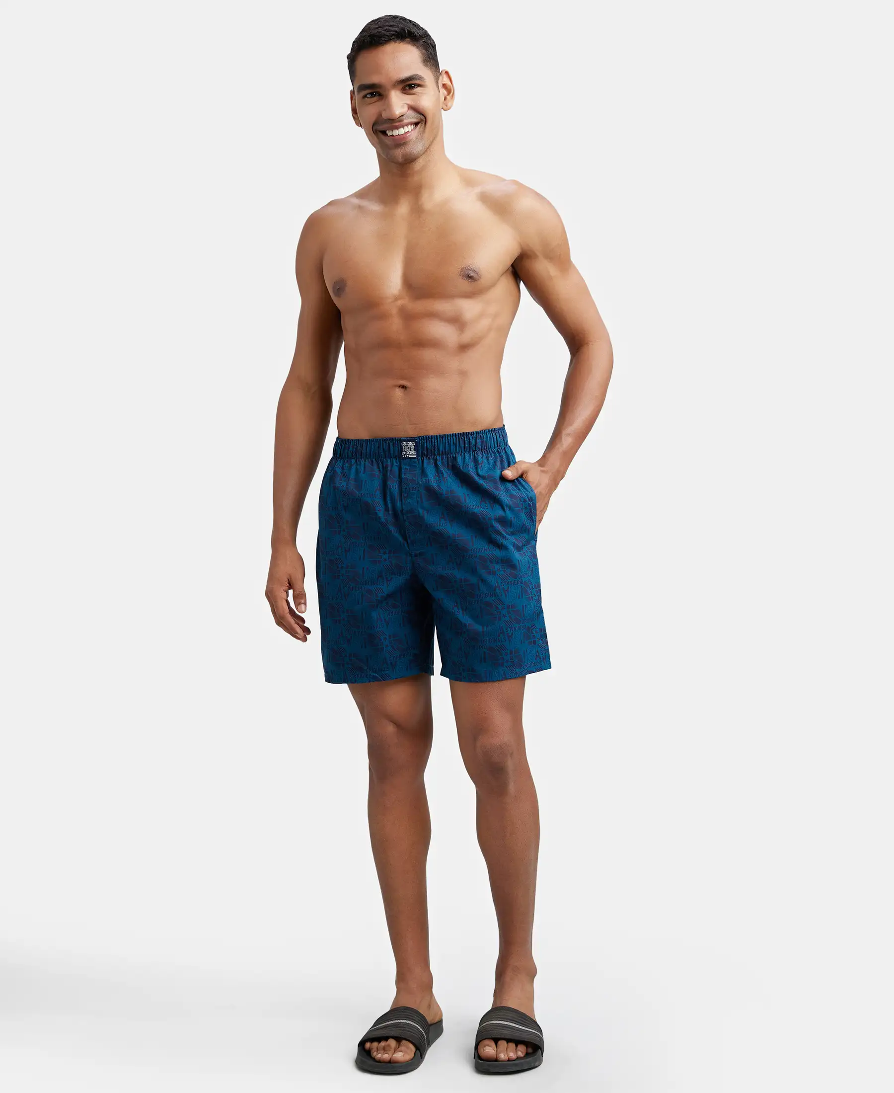 Super Combed Mercerized Cotton Woven Printed Boxer Shorts with Side Pockets - Navy Seaport Teal (Pack of 2) - Image 9