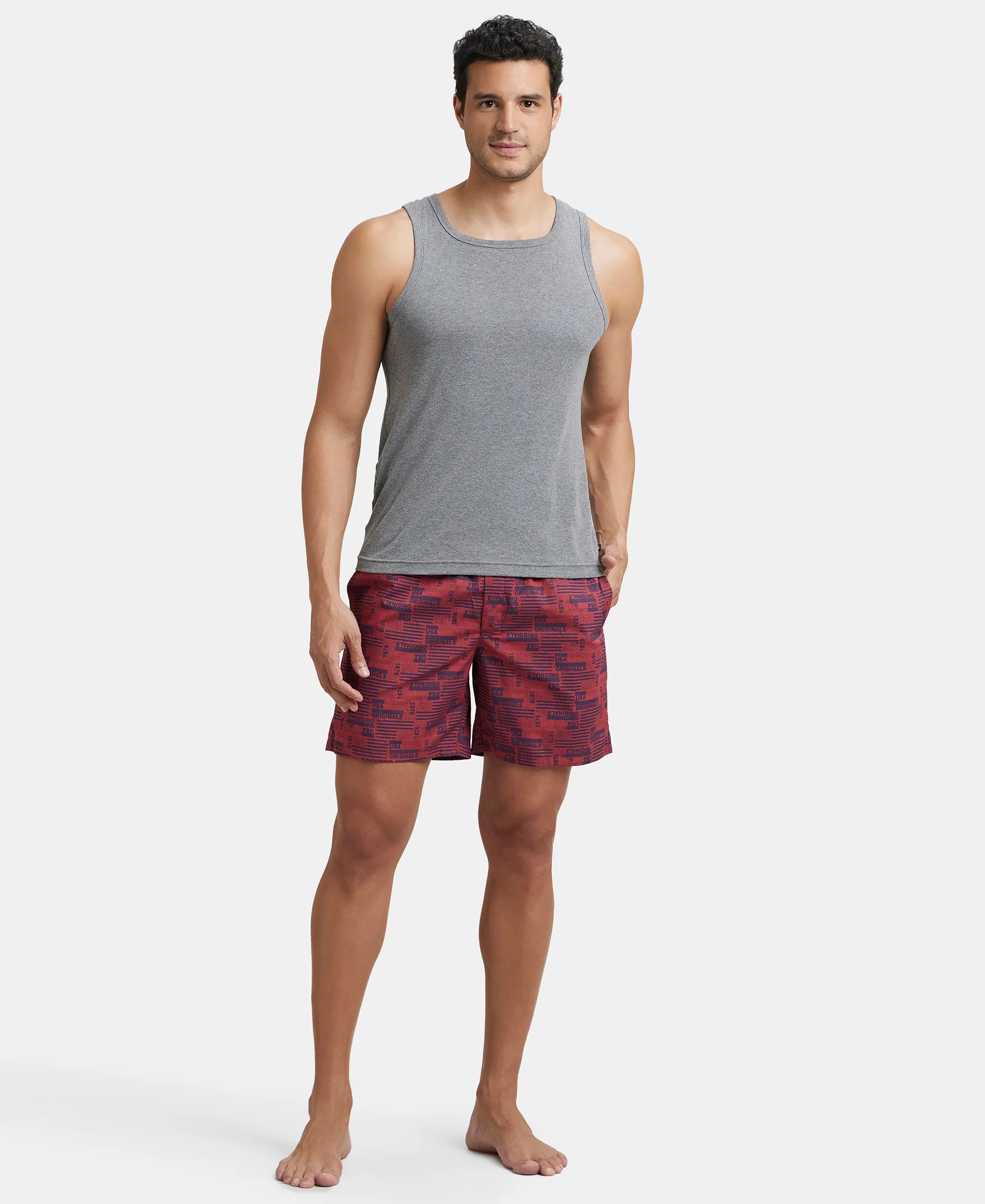 Super Combed Mercerized Cotton Woven Printed Boxer Shorts with Side Pockets - Nickel & Brickred (Pack of 2) - Image 3