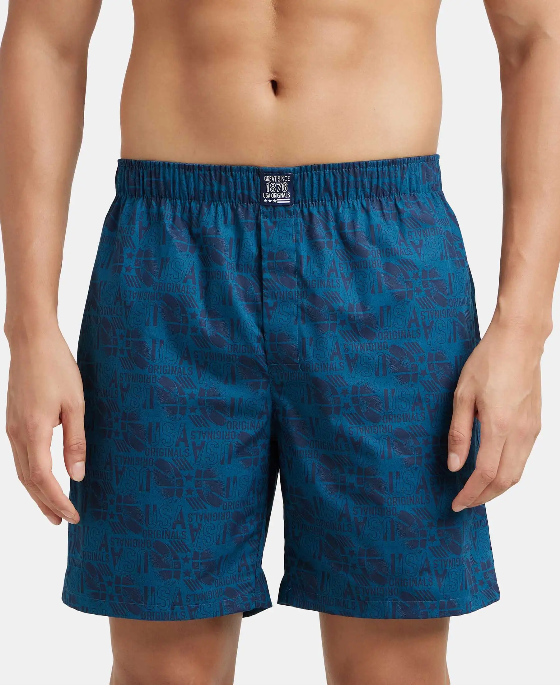 Super Combed Mercerized Cotton Woven Printed Boxer Shorts with Side Pockets - Seaport Teal