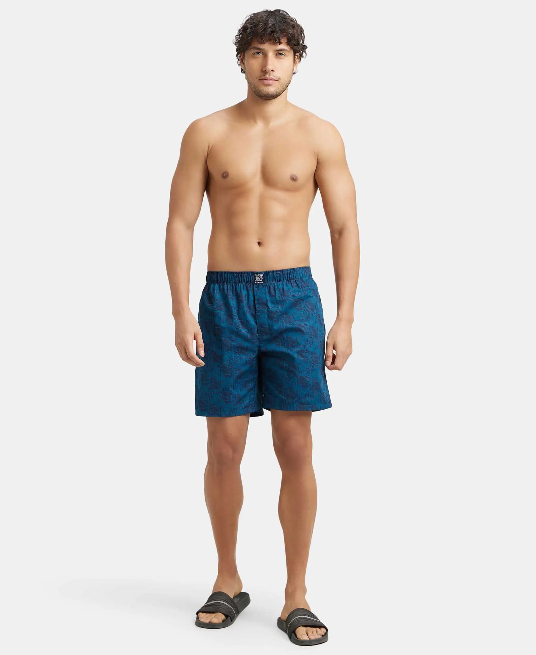 Super Combed Mercerized Cotton Woven Printed Boxer Shorts with Side Pockets - Seaport Teal - Image 4