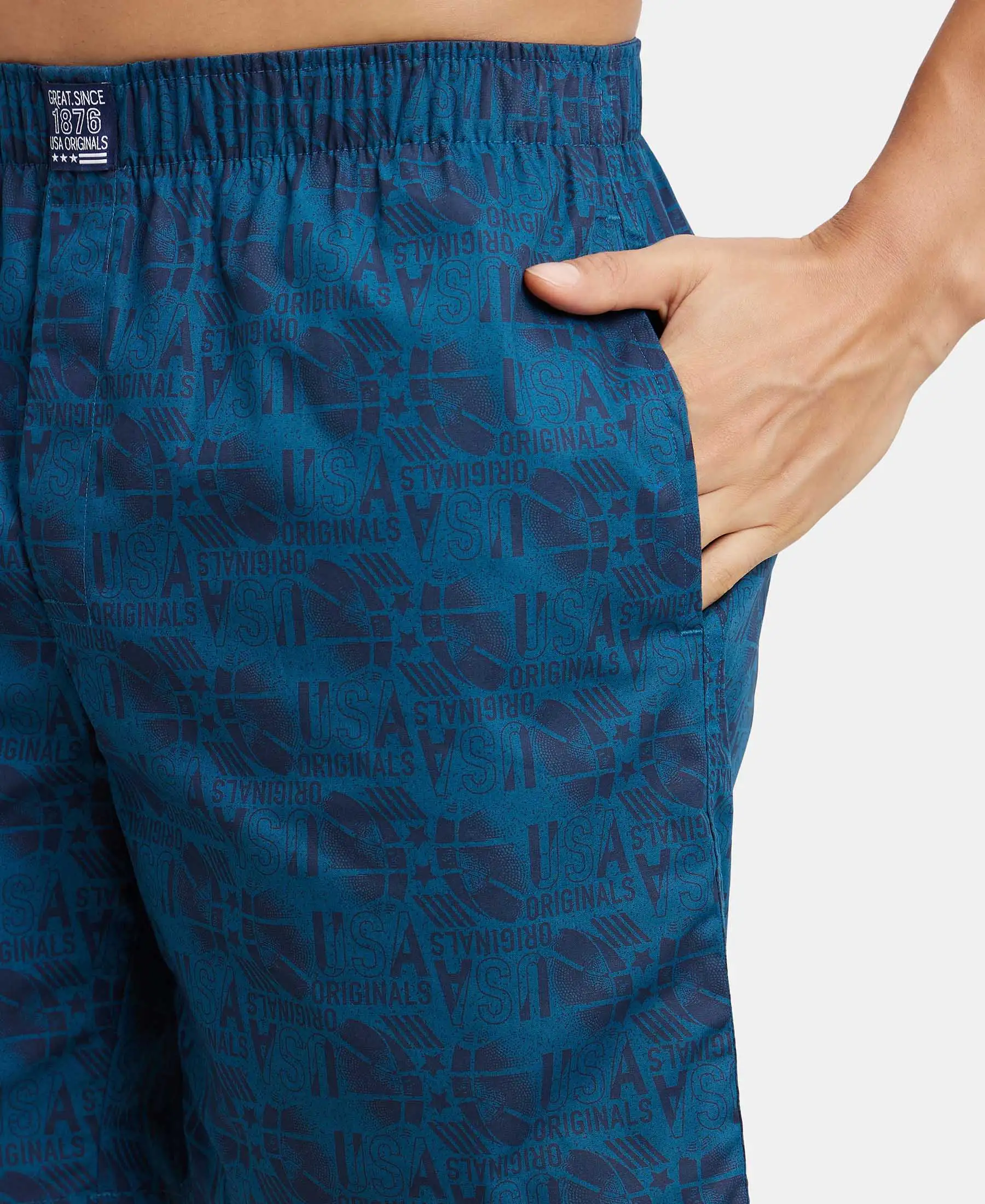 Super Combed Mercerized Cotton Woven Printed Boxer Shorts with Side Pockets - Seaport Teal - Image 6