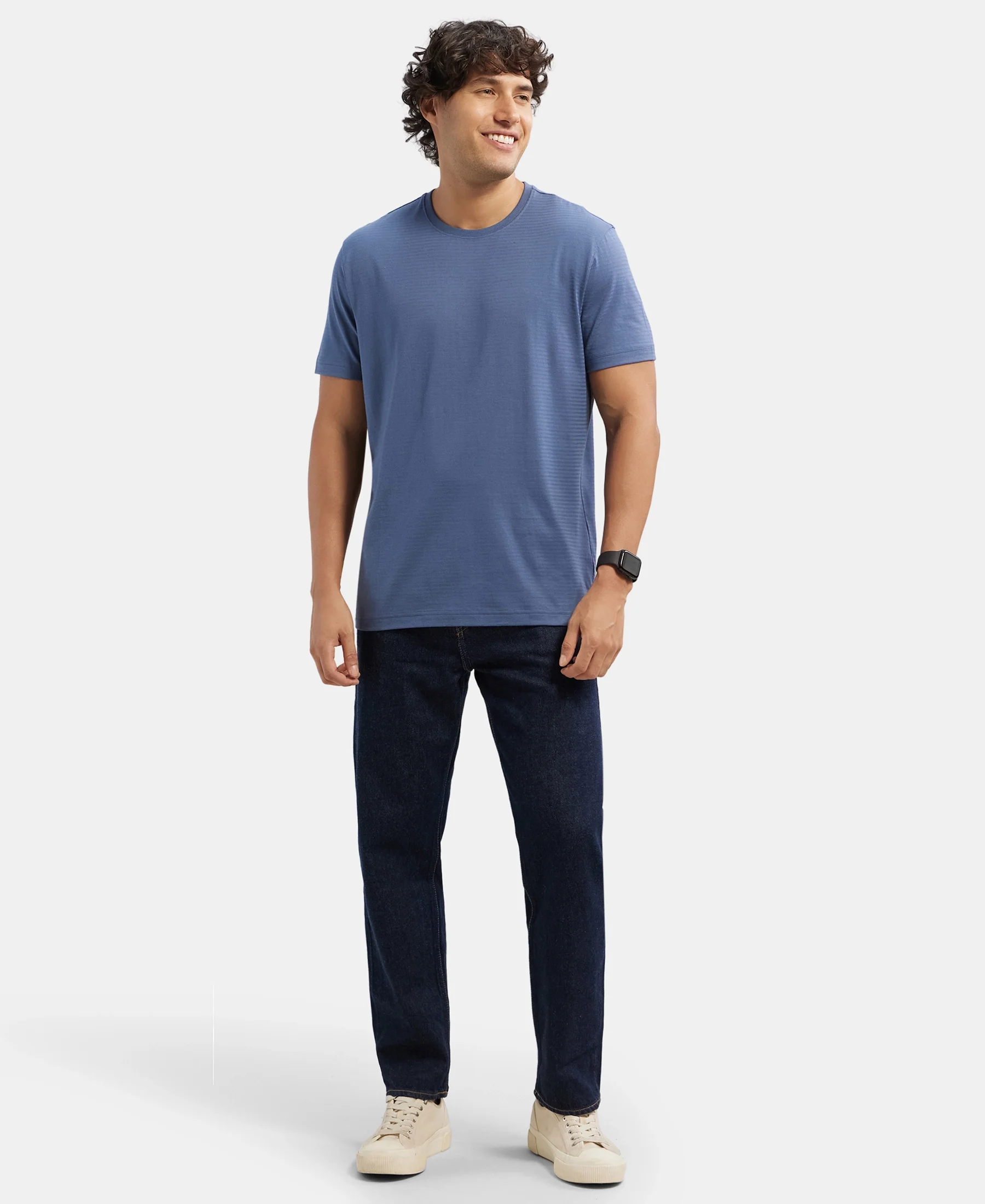 Super Combed Supima Cotton Round Neck Half Sleeve T-Shirt - Vintage Indigo - Image 4