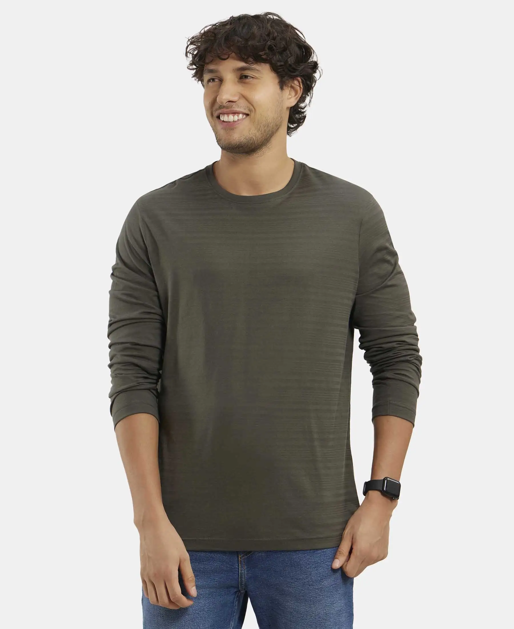 Super Combed Supima Cotton Solid Round Neck Full Sleeve T-Shirt - Deep Olive