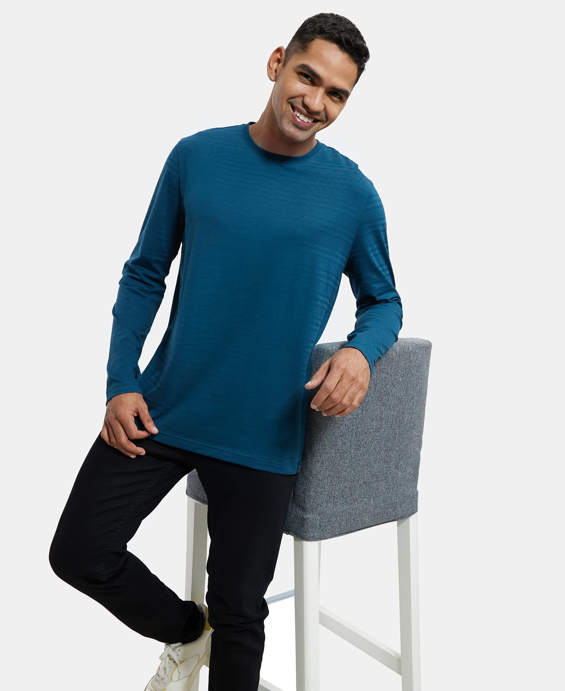 Super Combed Supima Cotton Solid Round Neck Full Sleeve T-Shirt - Reflecting Pond - Image 6