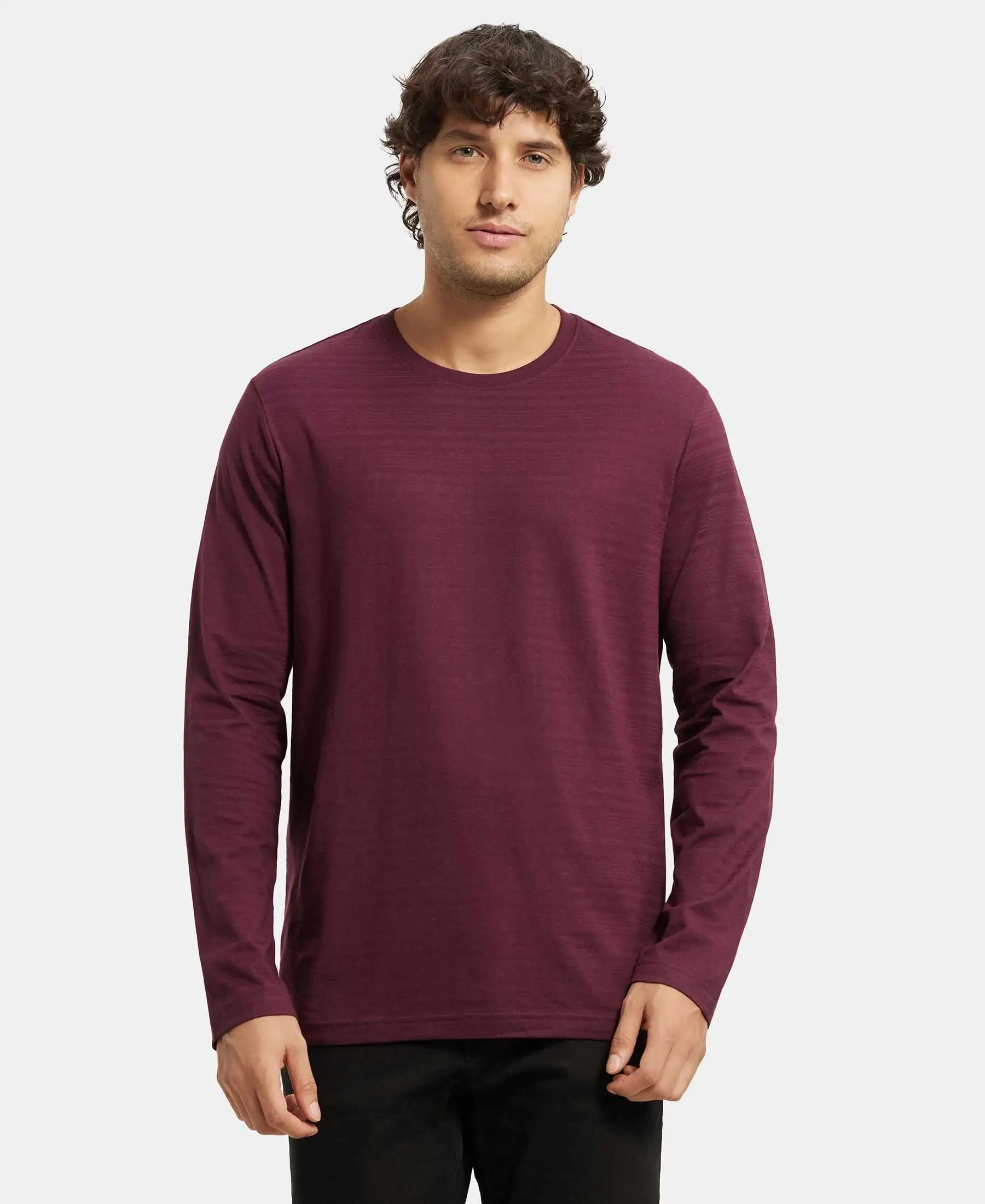 Super Combed Supima Cotton Solid Round Neck Full Sleeve T-Shirt - Wine Tasting