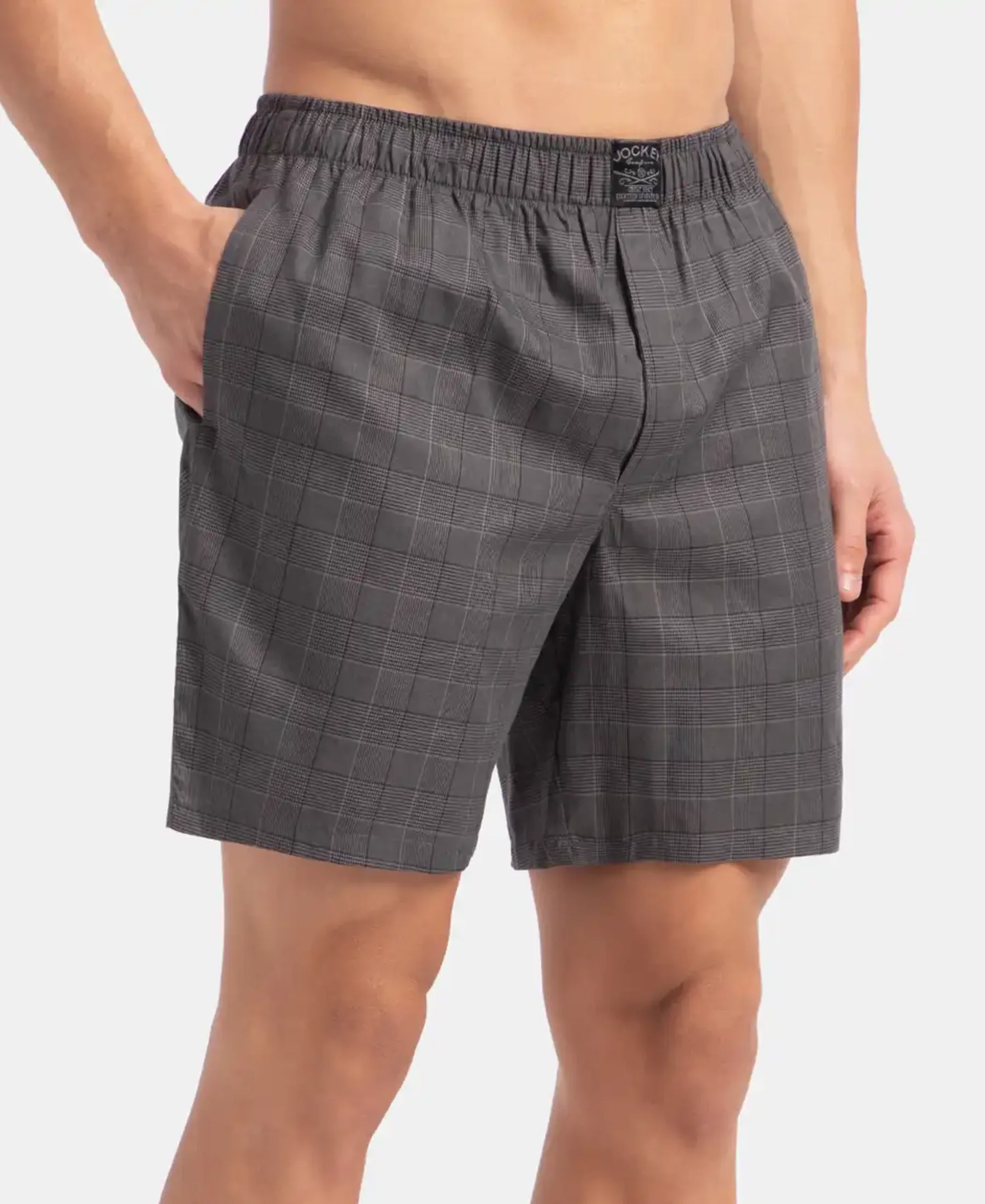 Tencel Lyocell Cotton Checkered Boxer Shorts with Side Pockets - Graphite - Image 2