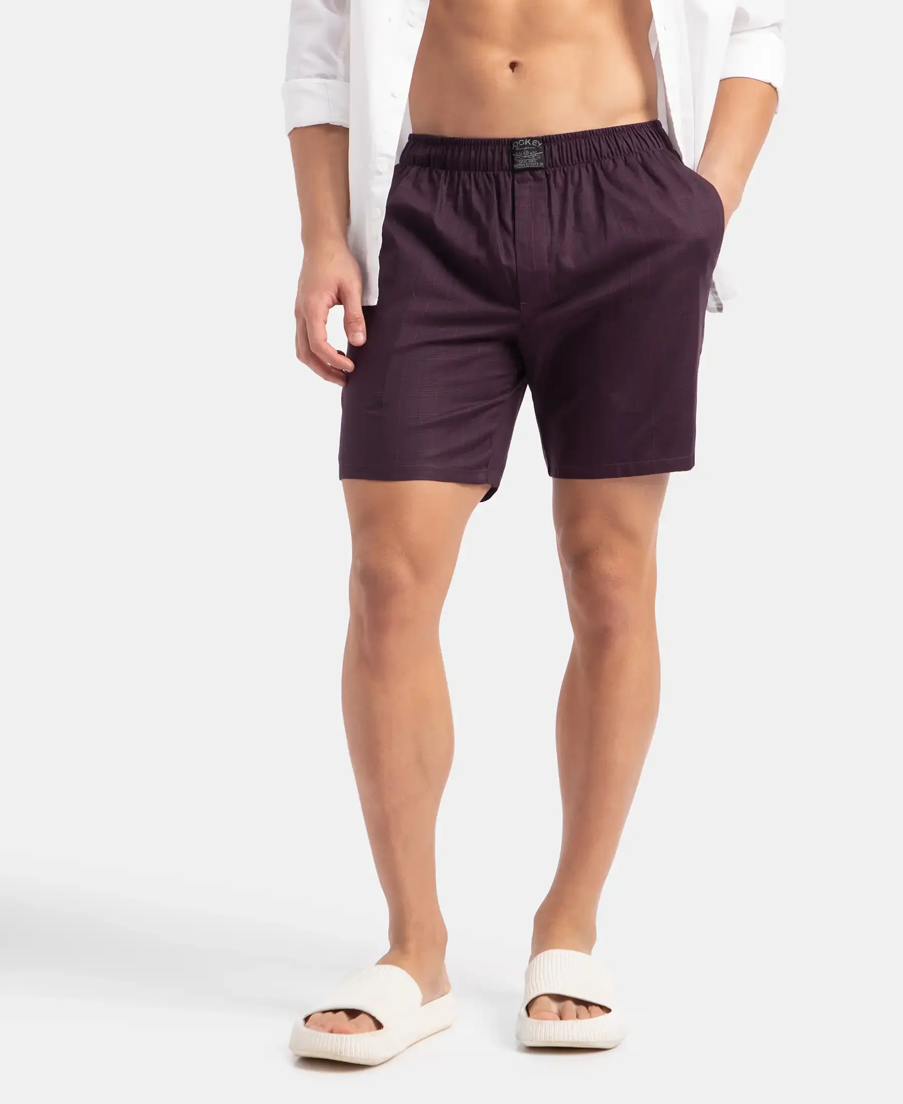 Tencel Lyocell Cotton Checkered Boxer Shorts with Side Pockets - Potent Purple - Image 5