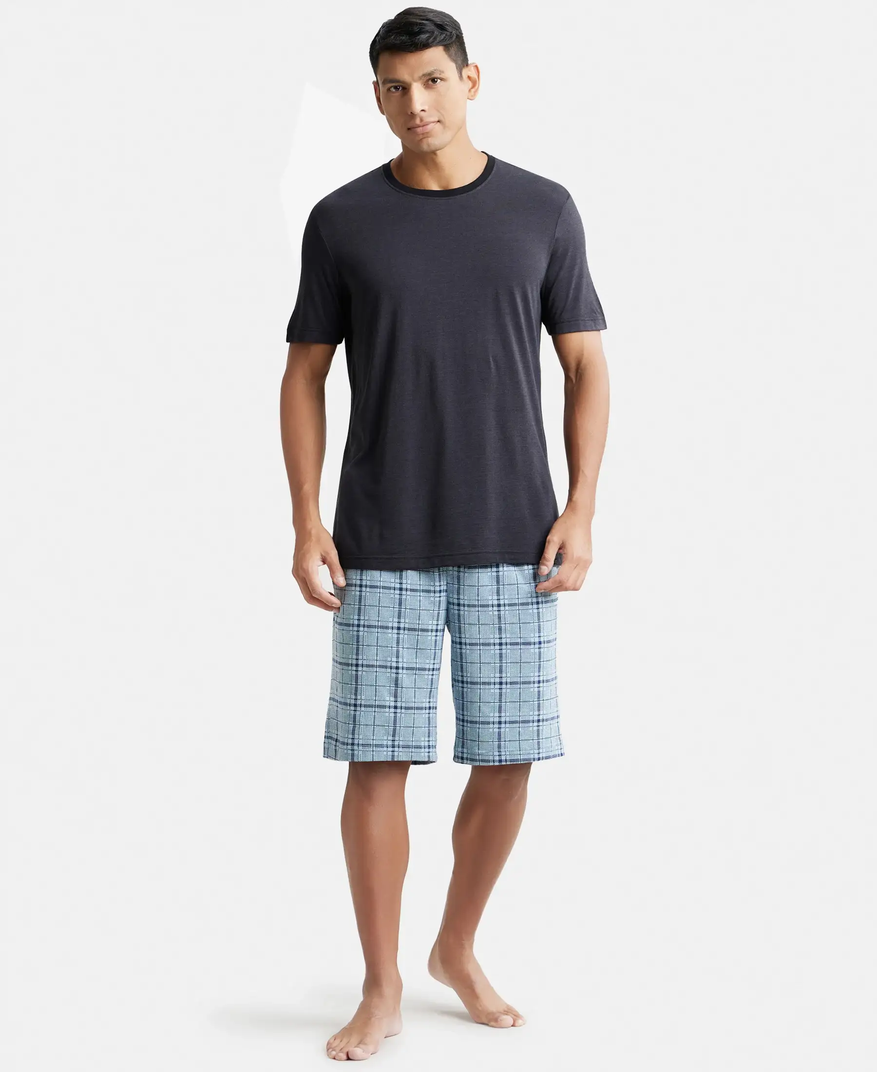 Tencel Micro Modal Cotton Elastane Stretch Regular Fit Checkered Sleep Shorts with Side Pockets - Light Blue Print1 - Image 4