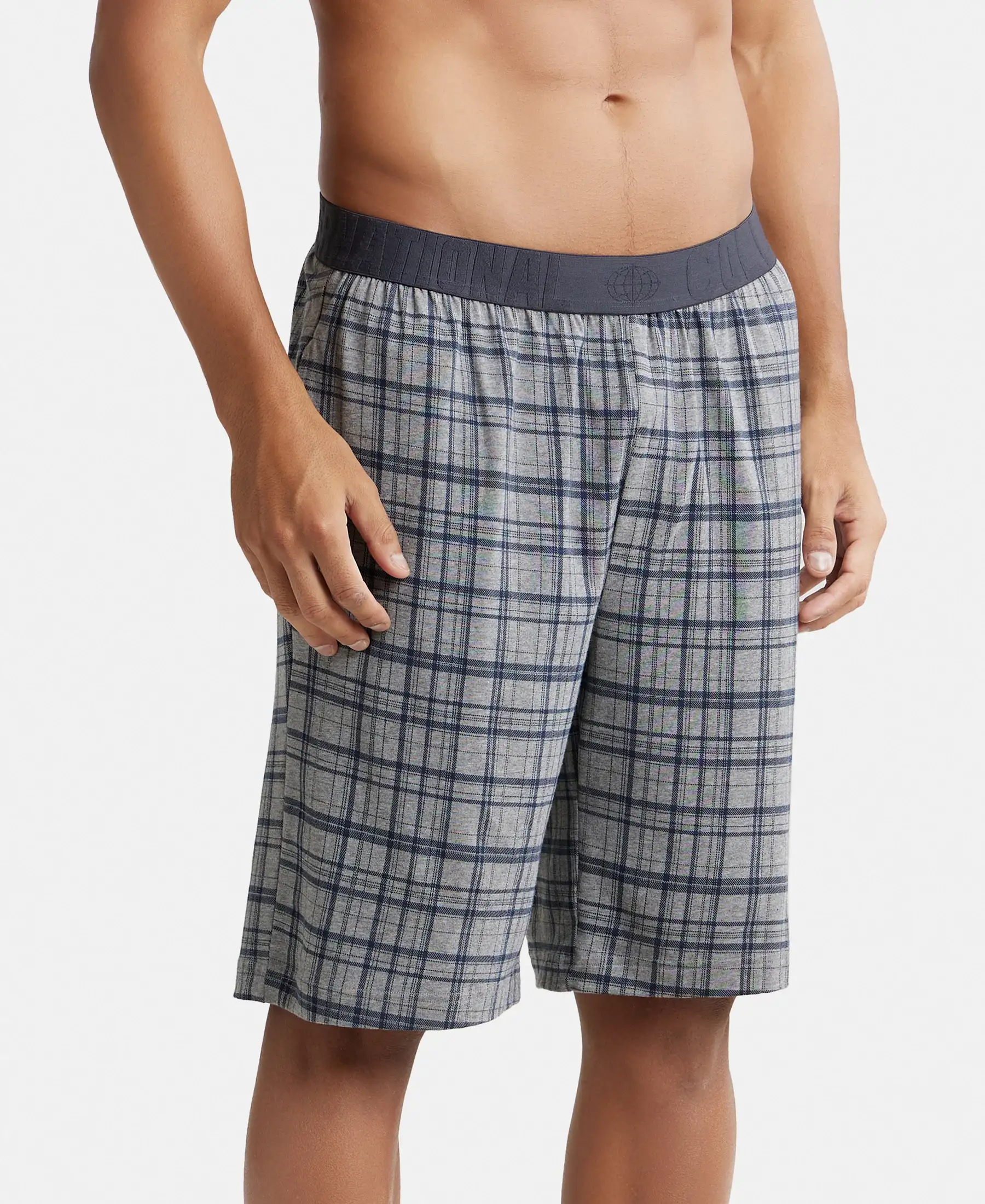 Tencel Micro Modal Cotton Elastane Stretch Regular Fit Checkered Sleep Shorts with Side Pockets - Mid Grey Melange & Ash Grey - Image 2