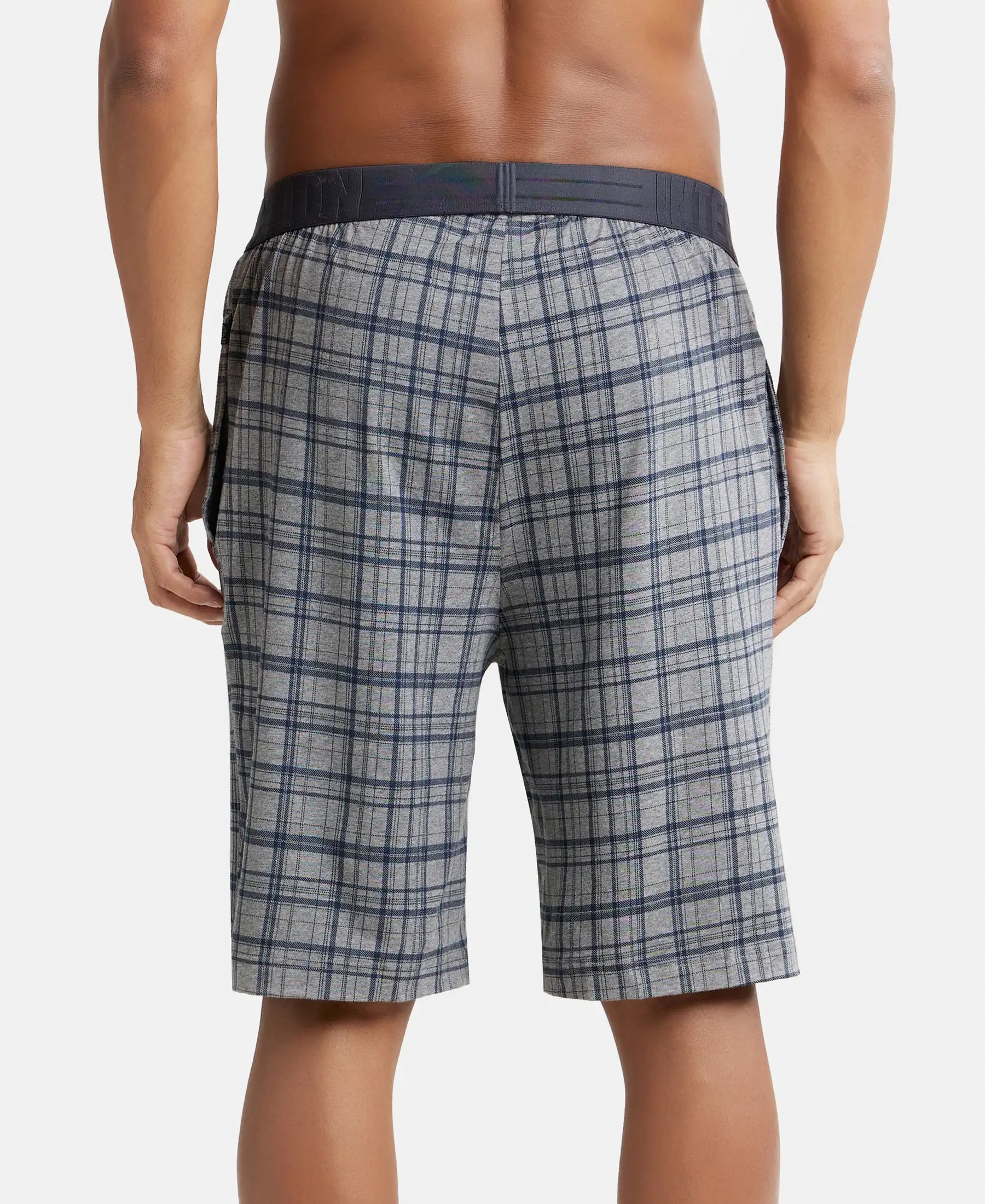 Tencel Micro Modal Cotton Elastane Stretch Regular Fit Checkered Sleep Shorts with Side Pockets - Mid Grey Melange & Ash Grey - Image 3
