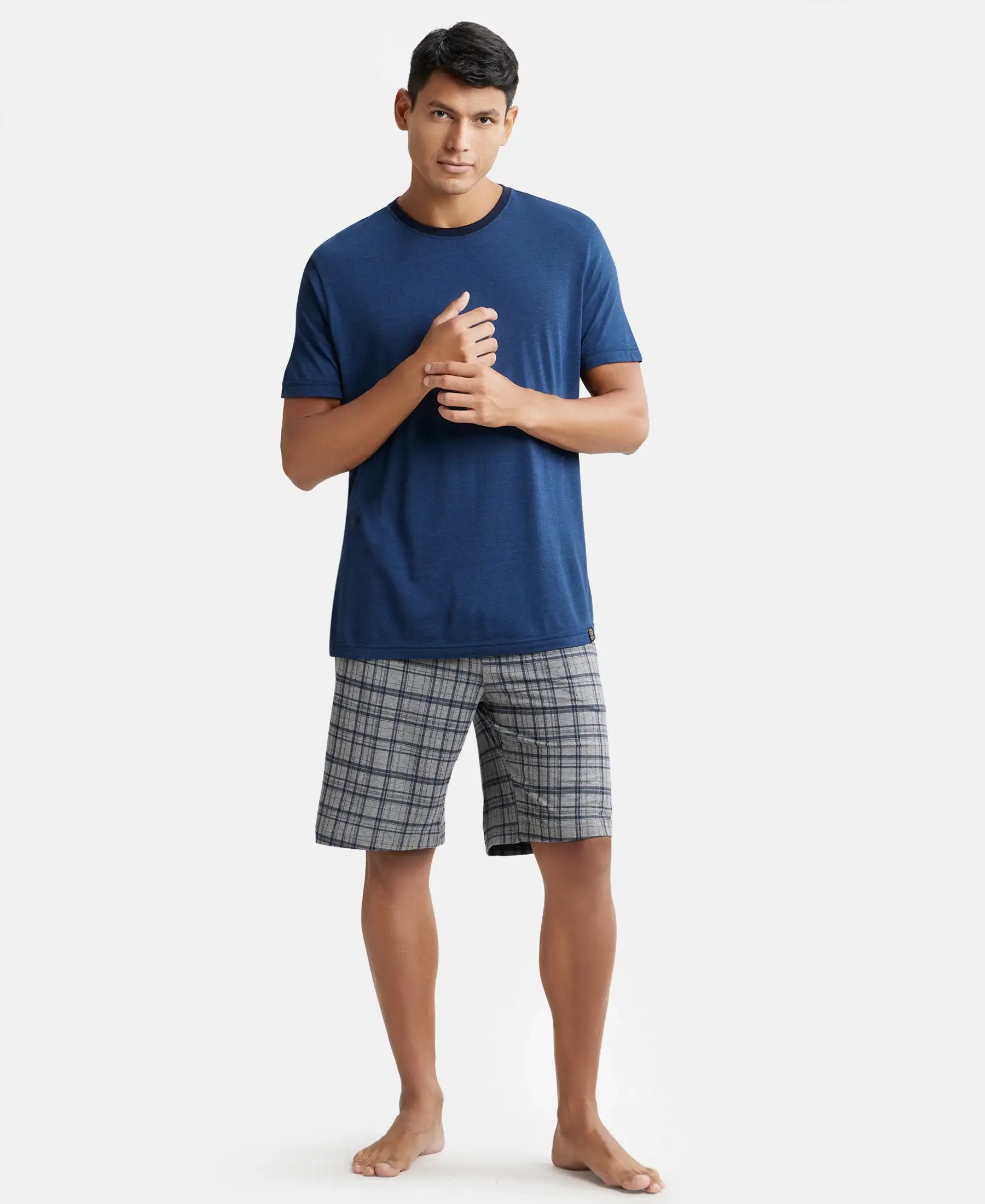 Tencel Micro Modal Cotton Elastane Stretch Regular Fit Checkered Sleep Shorts with Side Pockets - Mid Grey Melange & Ash Grey - Image 4