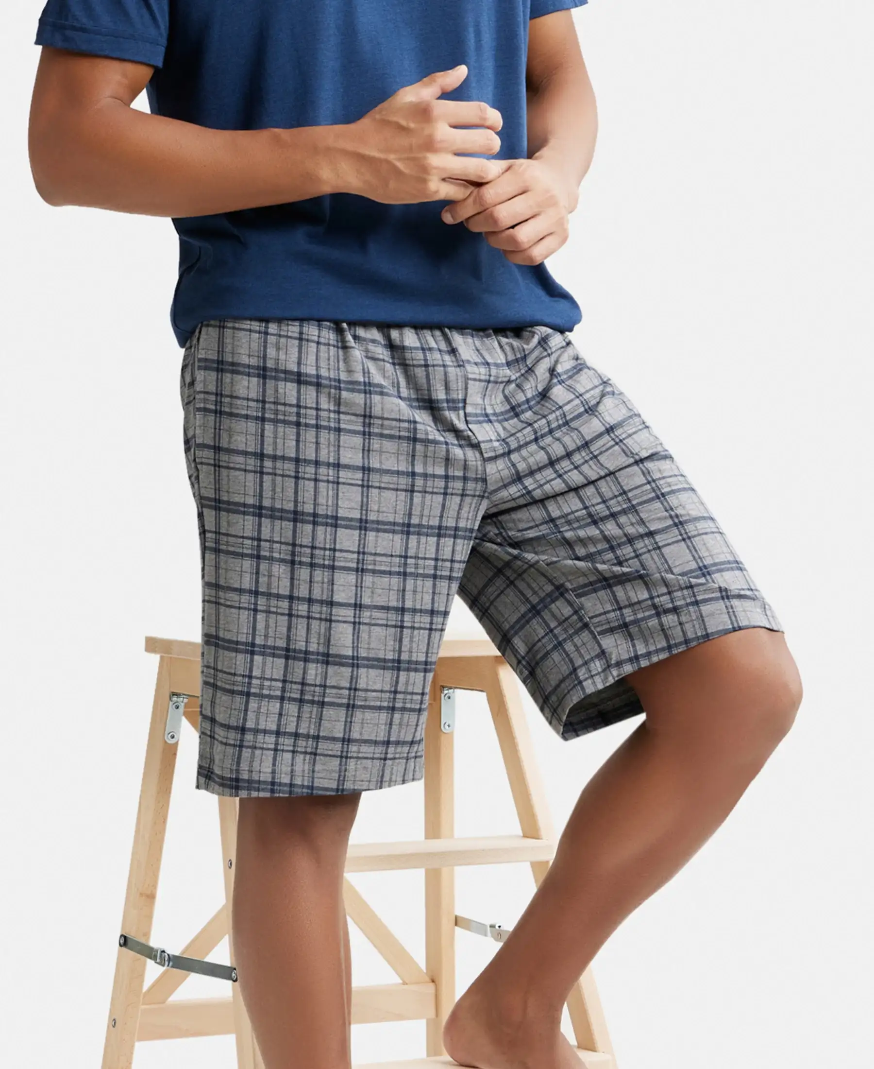 Tencel Micro Modal Cotton Elastane Stretch Regular Fit Checkered Sleep Shorts with Side Pockets - Mid Grey Melange & Ash Grey - Image 5