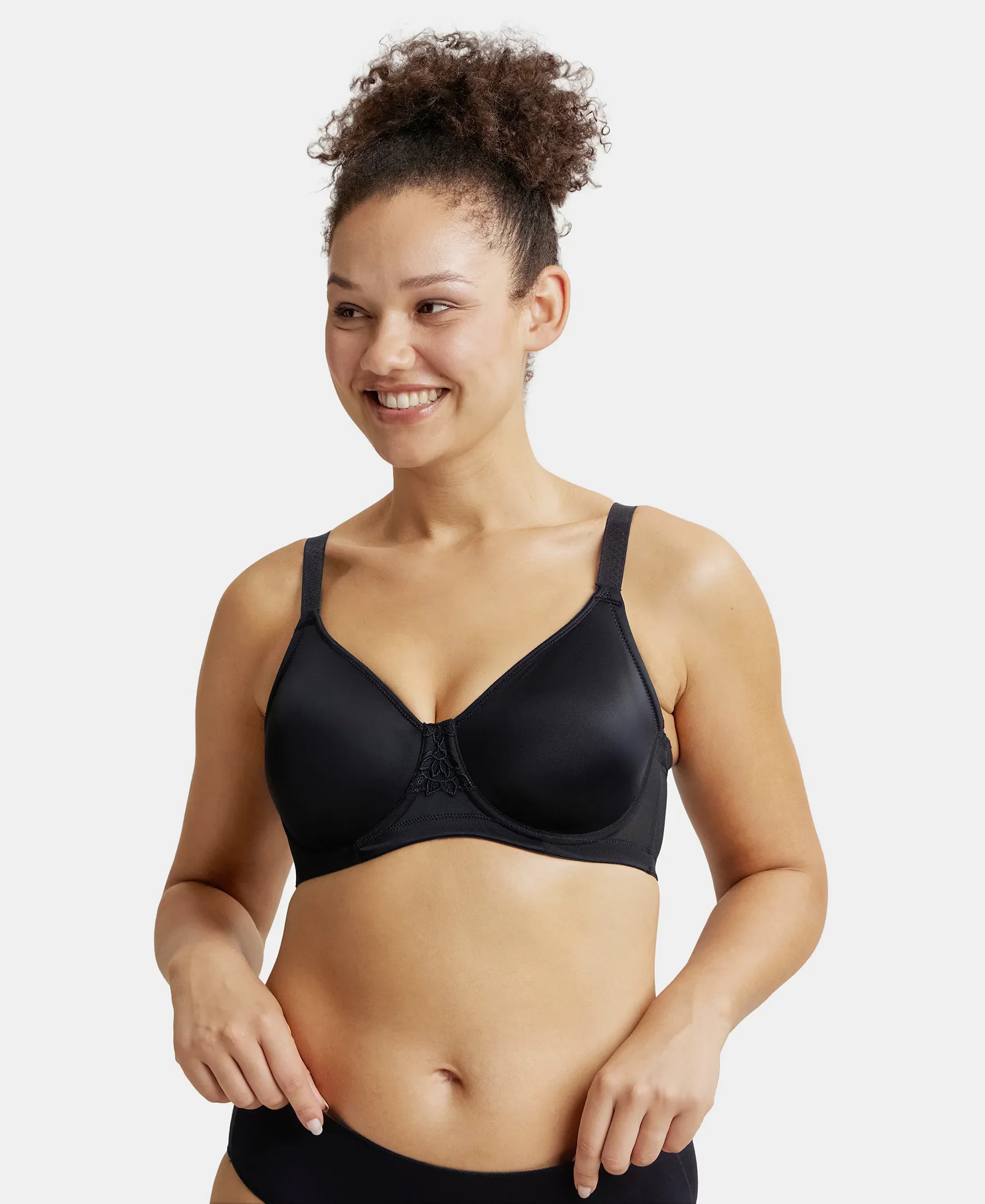 Under-Wired Non-Padded Soft Touch Microfiber Elastane Stretch Full Coverage Minimizer Bra with Broad Wings - Black