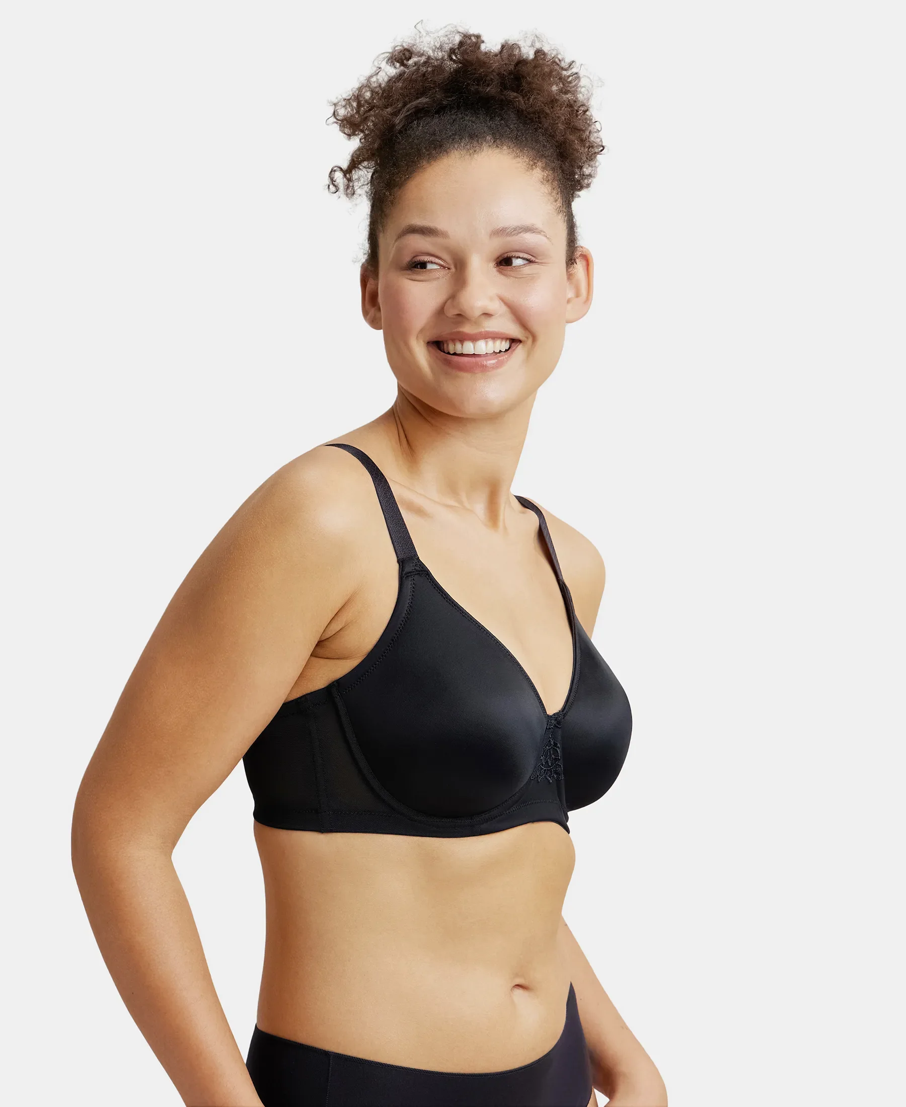 Under-Wired Non-Padded Soft Touch Microfiber Elastane Stretch Full Coverage Minimizer Bra with Broad Wings - Black - Image 2