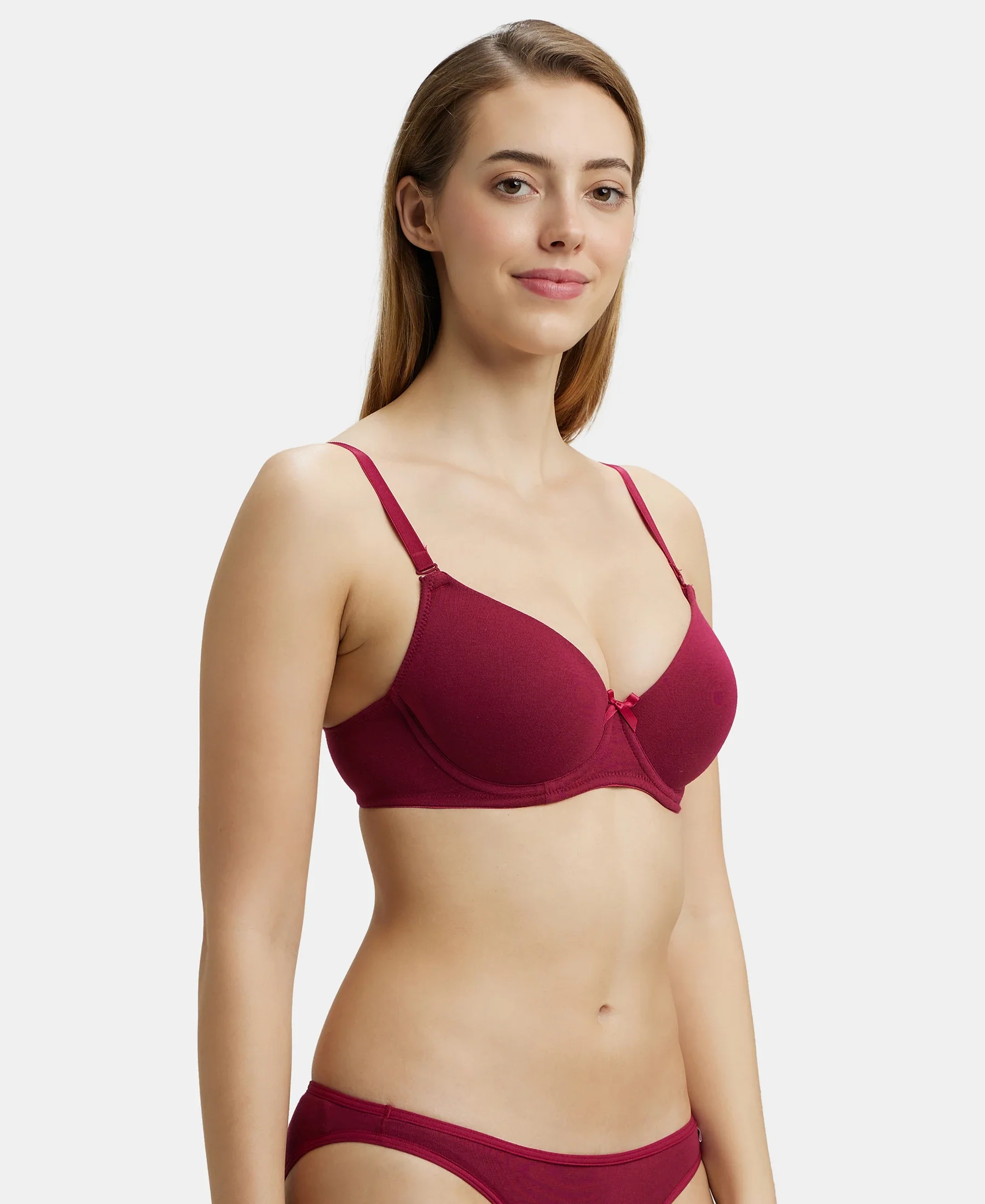 Under-Wired Padded Super Combed Cotton Elastane Stretch Medium Coverage T-Shirt Bra with Detachable Straps - Beet Red - Image 2