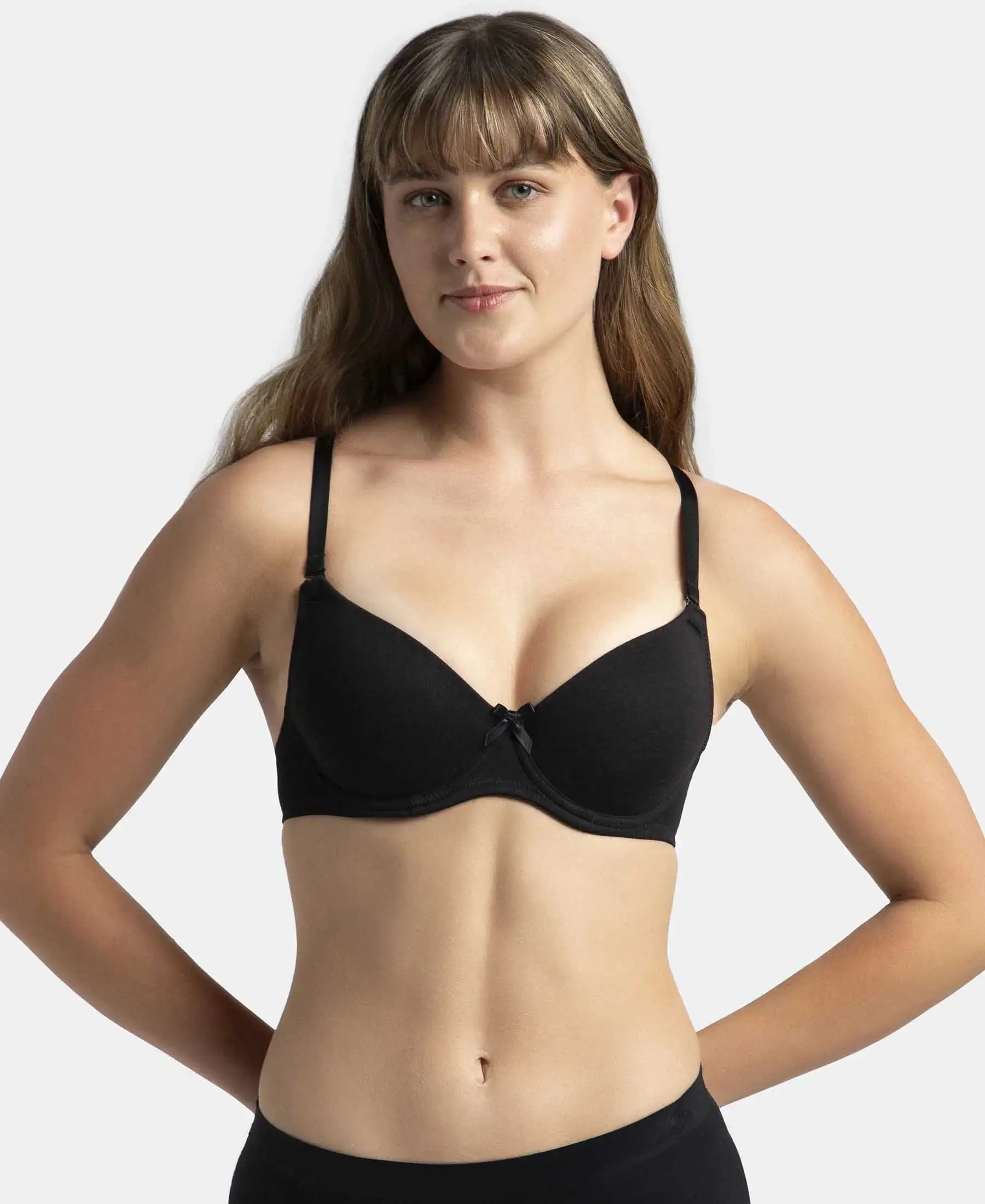 Under-Wired Padded Super Combed Cotton Elastane Stretch Medium Coverage T-Shirt Bra with Detachable Straps - Black