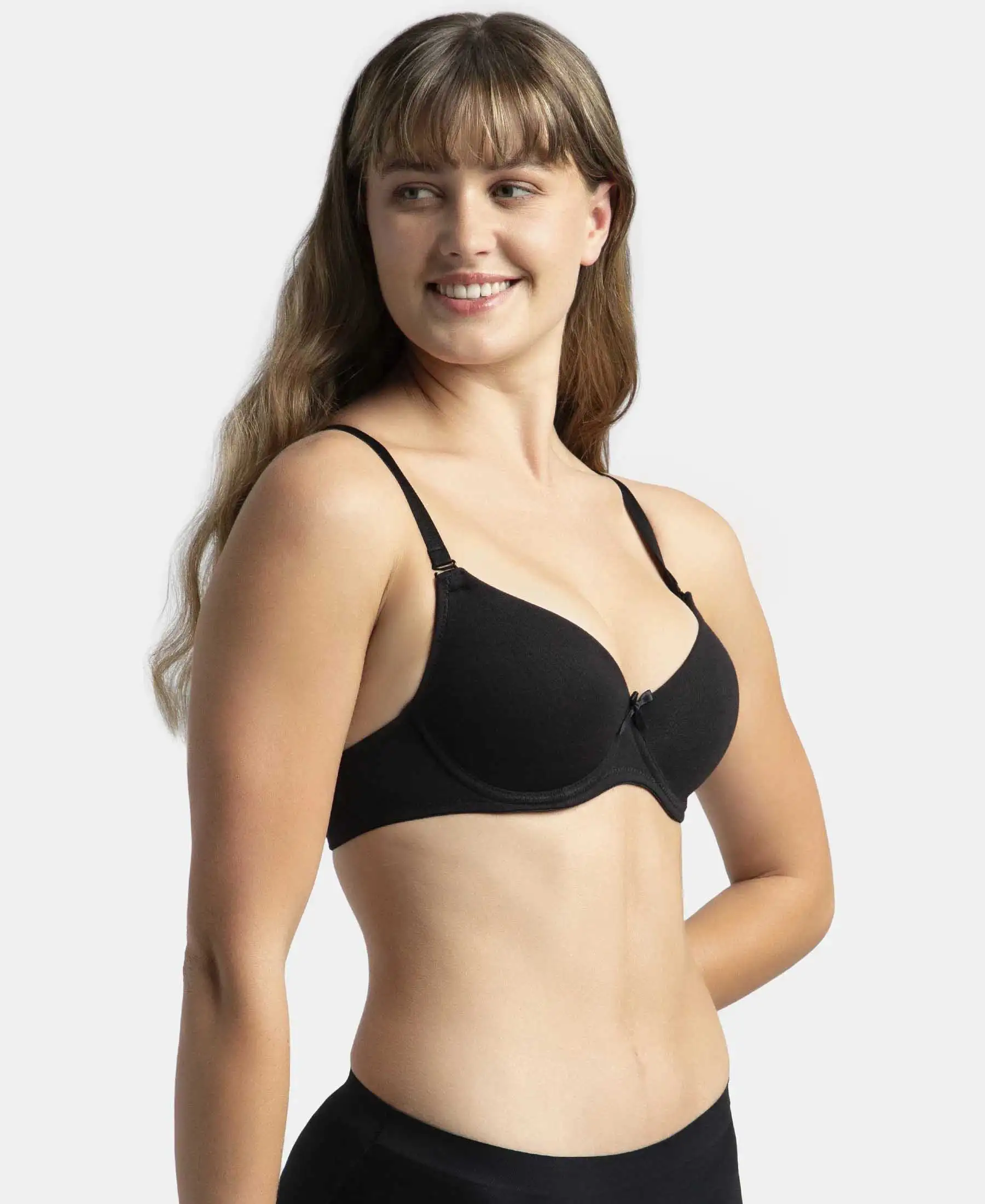 Under-Wired Padded Super Combed Cotton Elastane Stretch Medium Coverage T-Shirt Bra with Detachable Straps - Black - Image 2