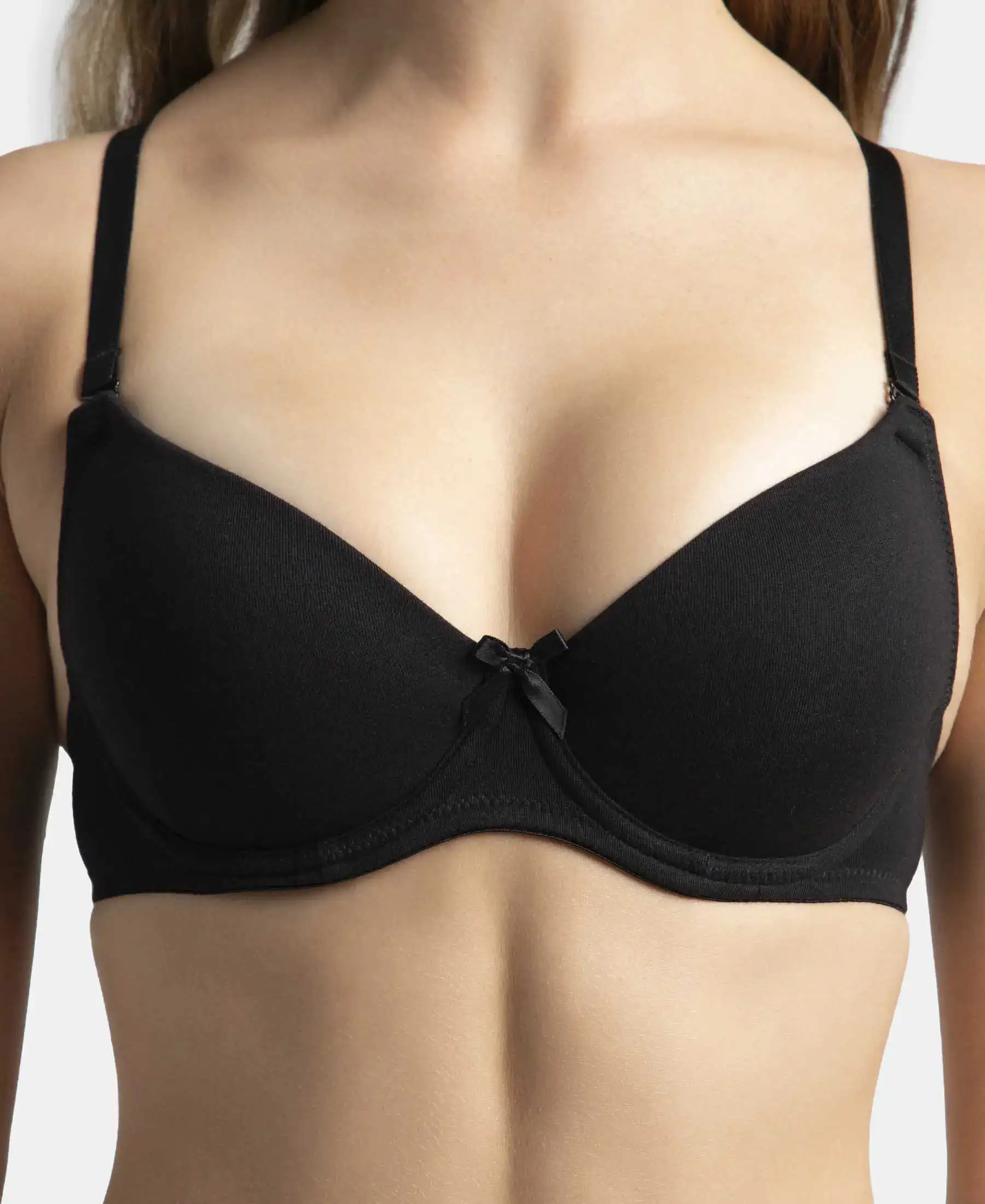 Under-Wired Padded Super Combed Cotton Elastane Stretch Medium Coverage T-Shirt Bra with Detachable Straps - Black - Image 8