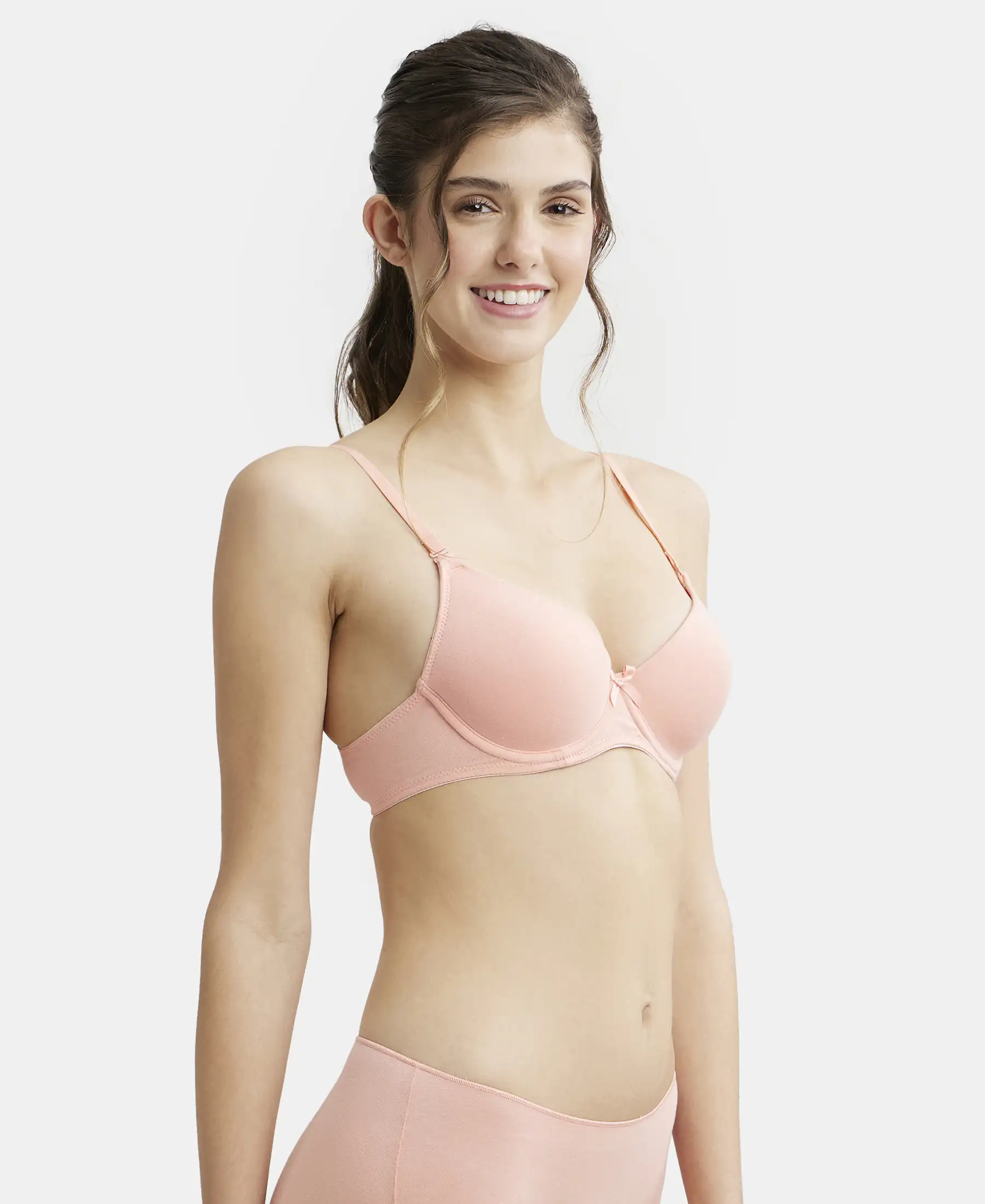 Under-Wired Padded Super Combed Cotton Elastane Stretch Medium Coverage T-Shirt Bra with Detachable Straps - Candlelight Peach - Image 2