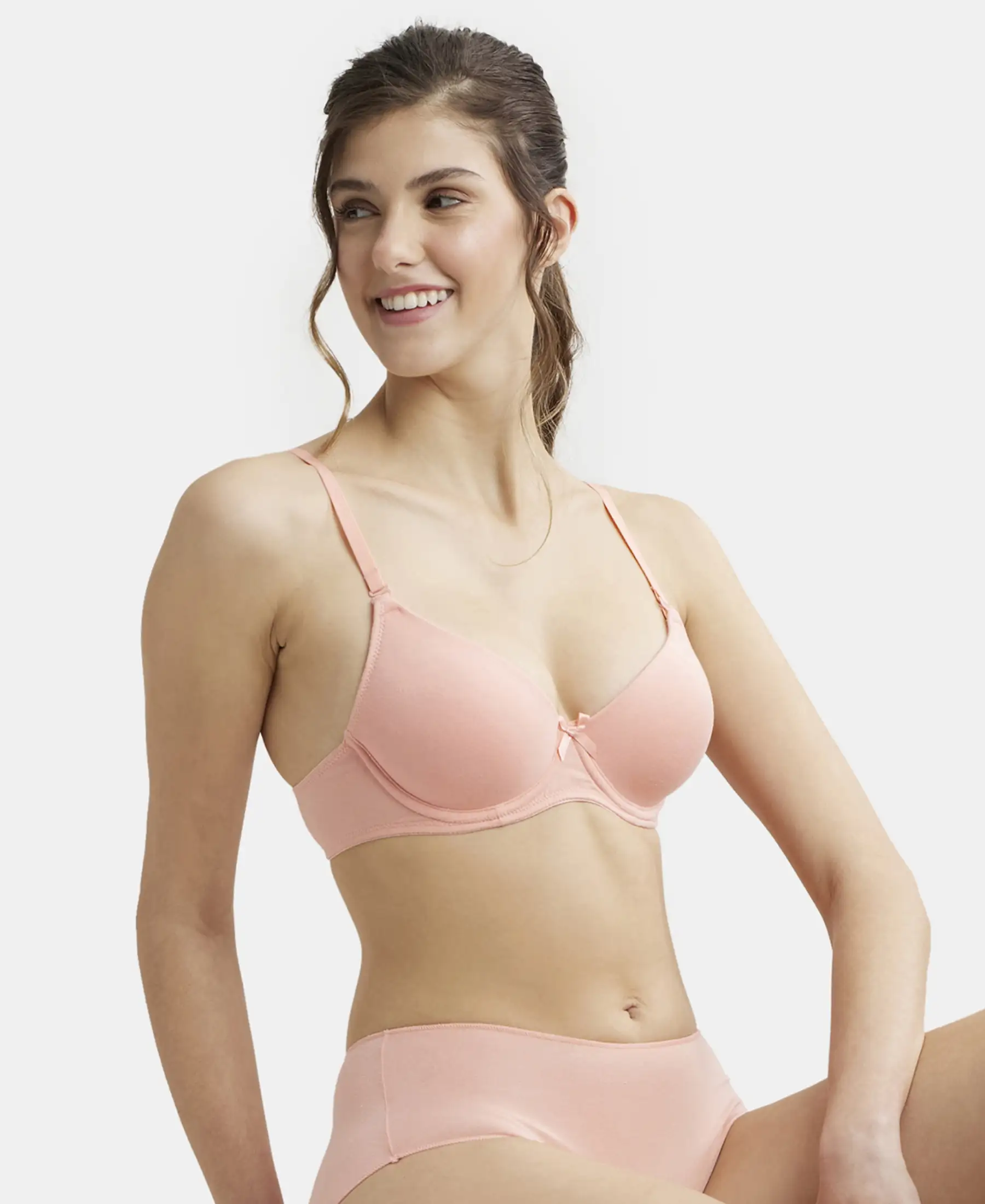 Under-Wired Padded Super Combed Cotton Elastane Stretch Medium Coverage T-Shirt Bra with Detachable Straps - Candlelight Peach - Image 5