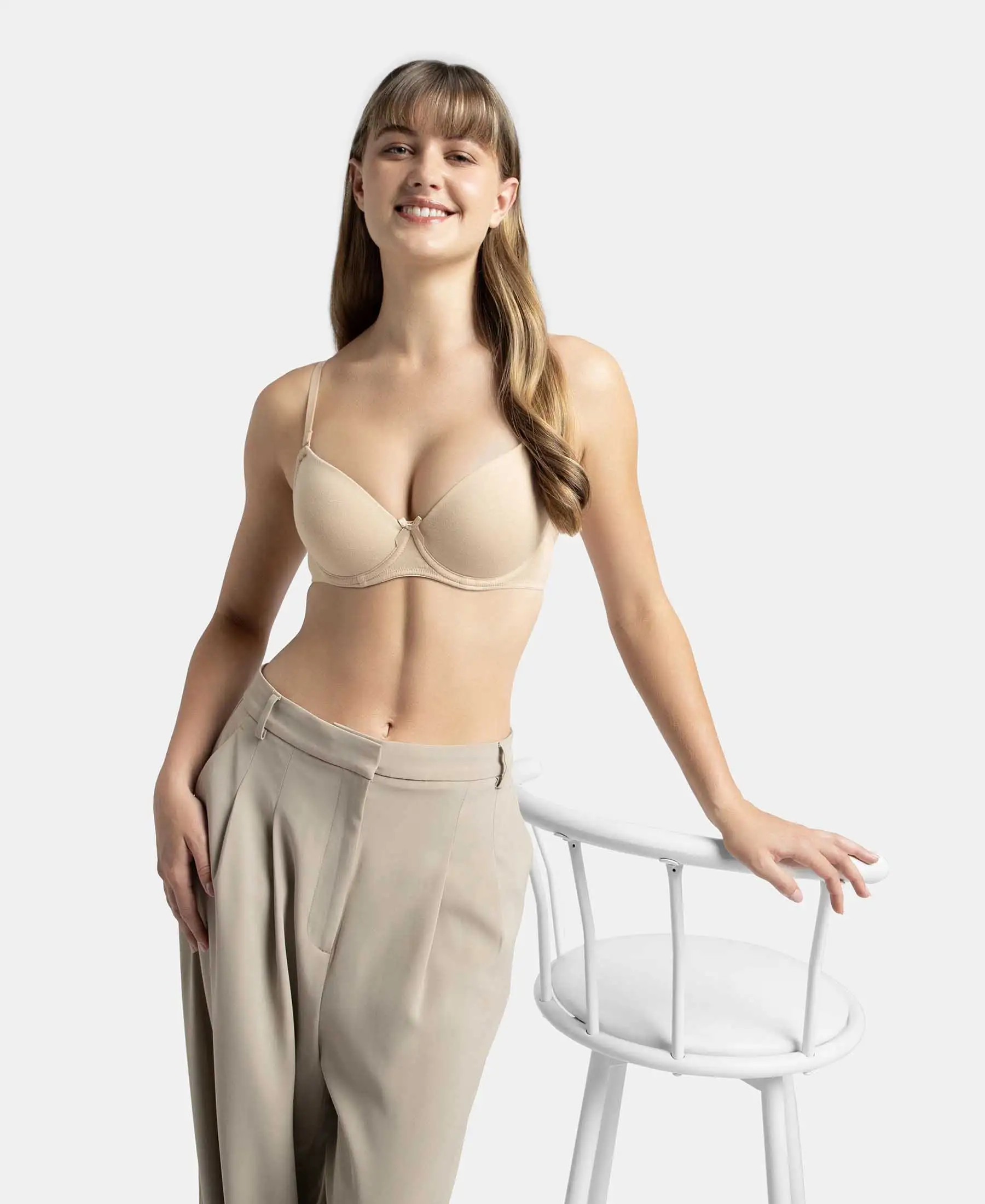 Under-Wired Padded Super Combed Cotton Elastane Stretch Medium Coverage T-Shirt Bra with Detachable Straps - Light Skin - Image 5