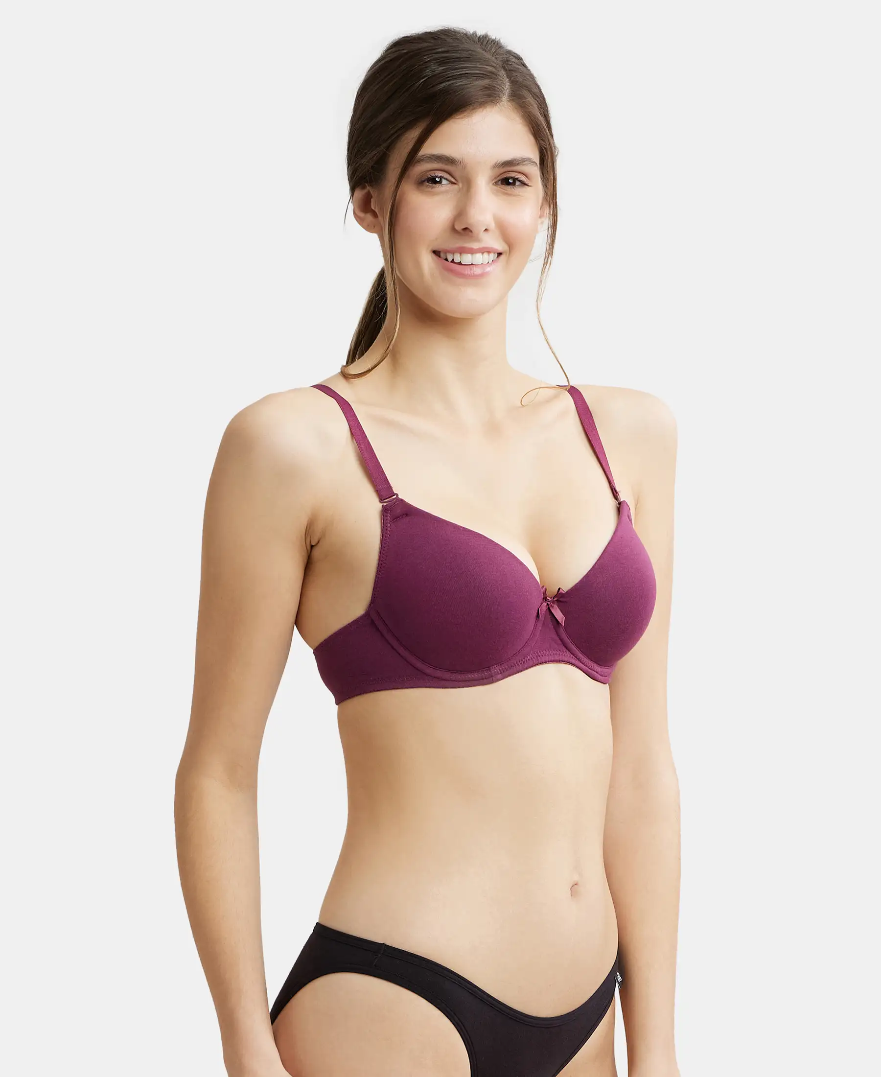 Under-Wired Padded Super Combed Cotton Elastane Stretch Medium Coverage T-Shirt Bra with Detachable Straps - Prune - Image 2