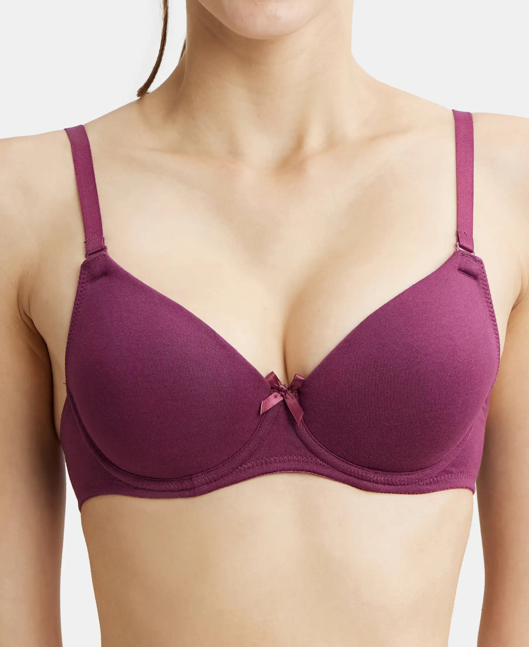 Under-Wired Padded Super Combed Cotton Elastane Stretch Medium Coverage T-Shirt Bra with Detachable Straps - Prune - Image 7
