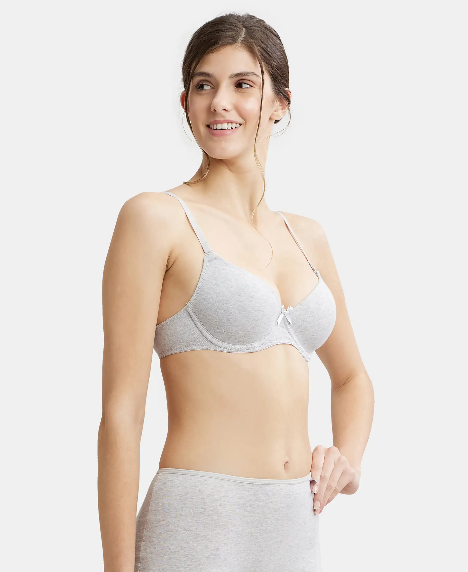 Under-Wired Padded Super Combed Cotton Elastane Stretch Medium Coverage T-Shirt Bra with Detachable Straps - Steel Grey Melange - Image 2