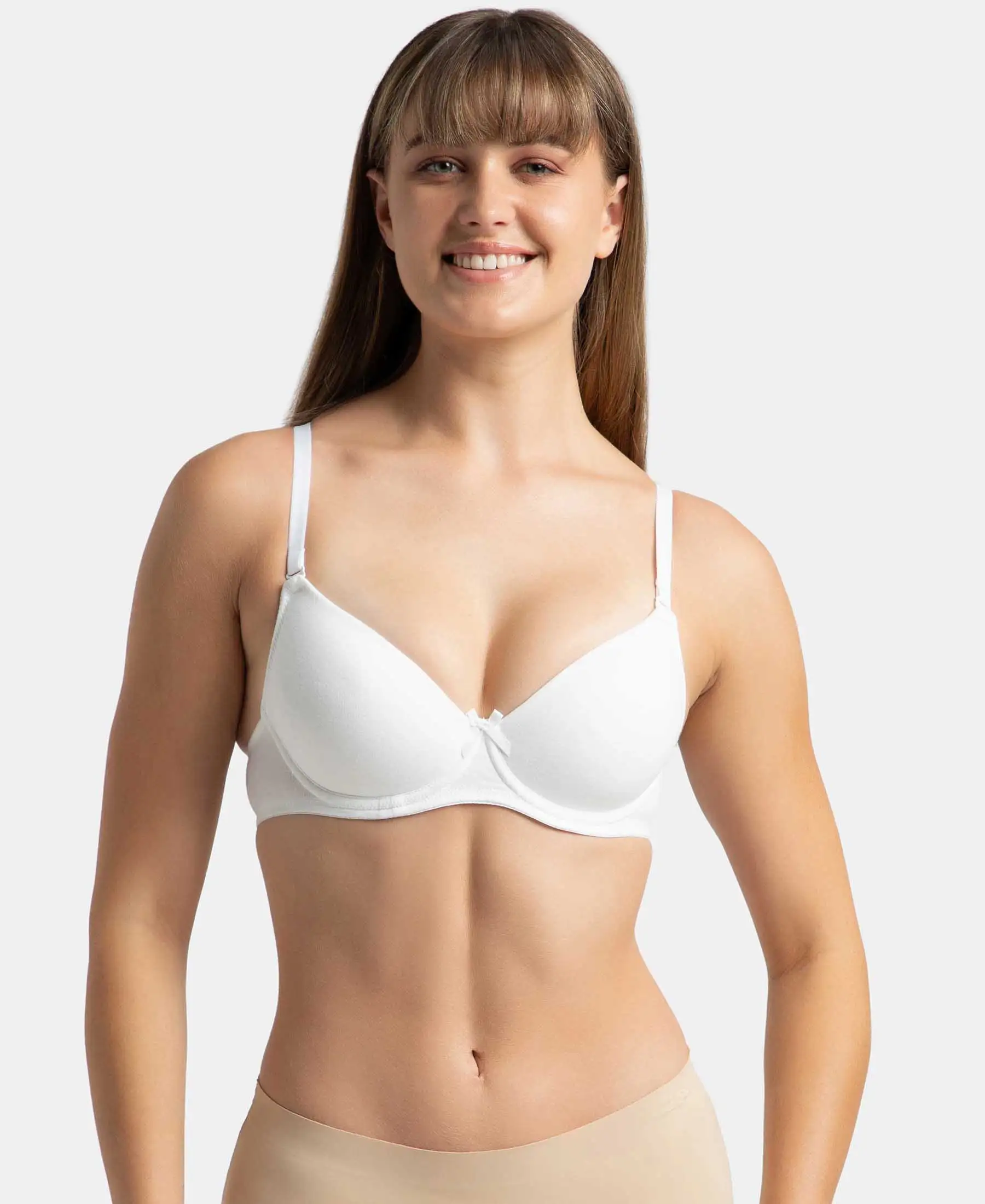 Under-Wired Padded Super Combed Cotton Elastane Stretch Medium Coverage T-Shirt Bra with Detachable Straps - White