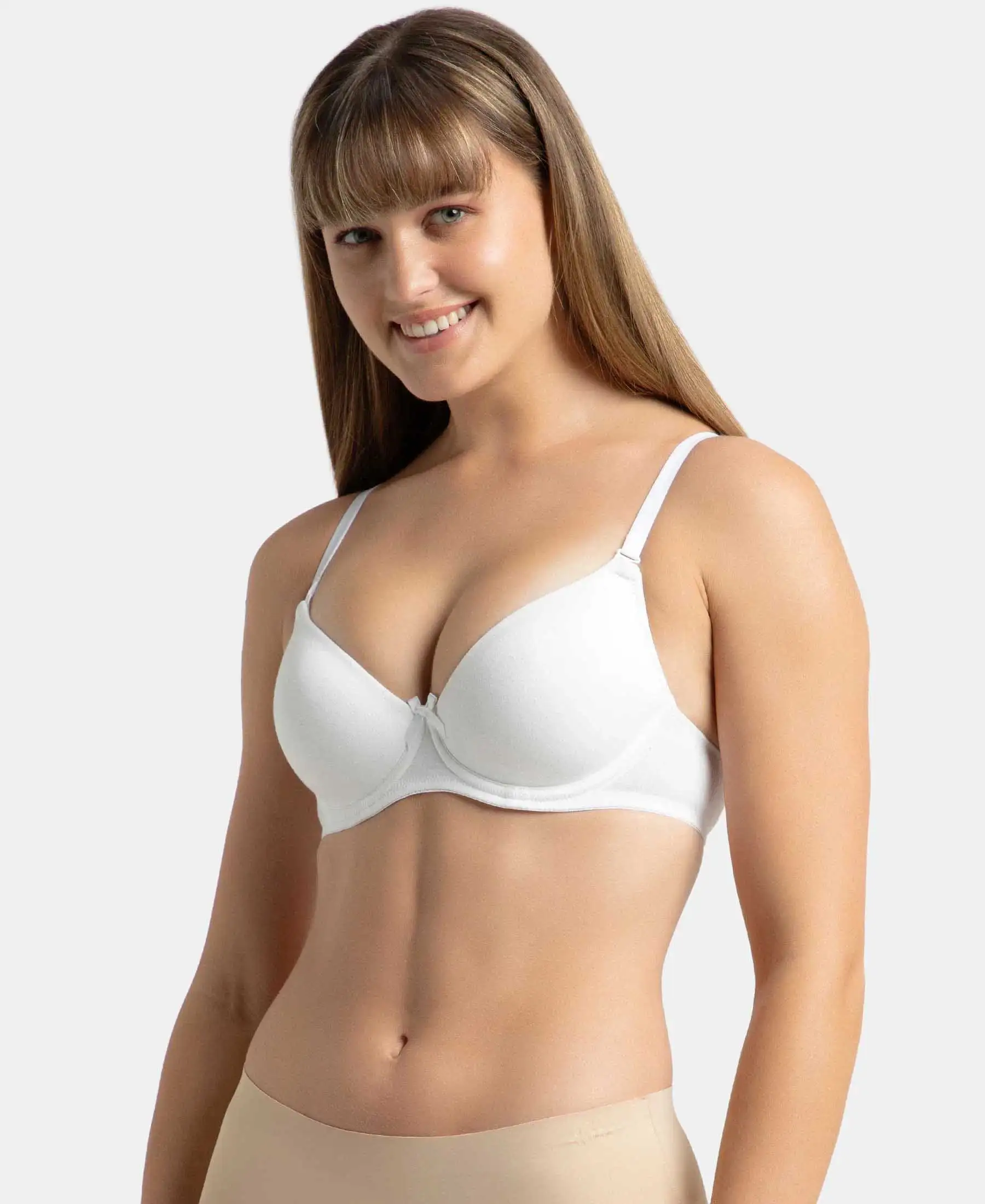 Under-Wired Padded Super Combed Cotton Elastane Stretch Medium Coverage T-Shirt Bra with Detachable Straps - White - Image 2