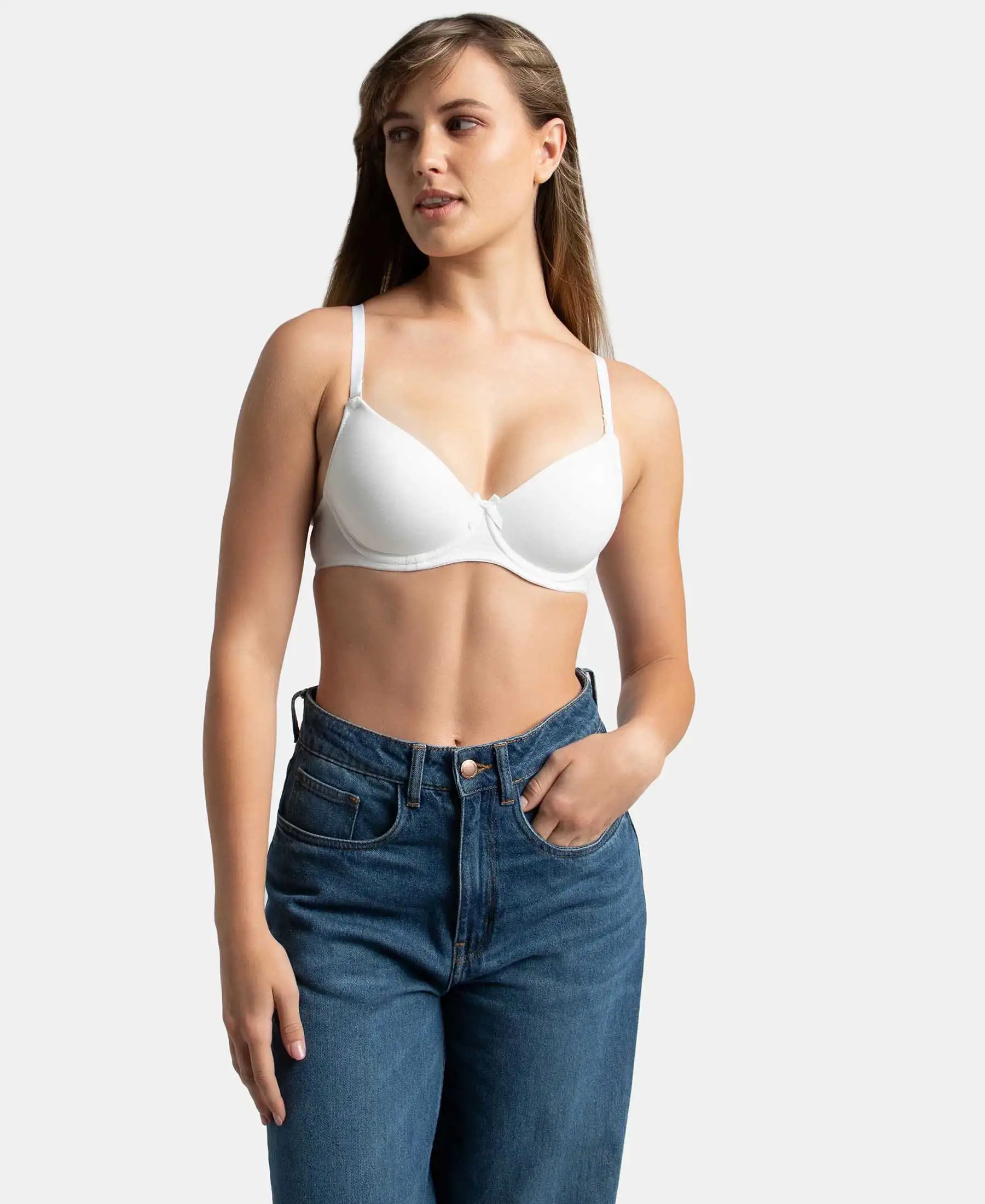 Under-Wired Padded Super Combed Cotton Elastane Stretch Medium Coverage T-Shirt Bra with Detachable Straps - White - Image 5