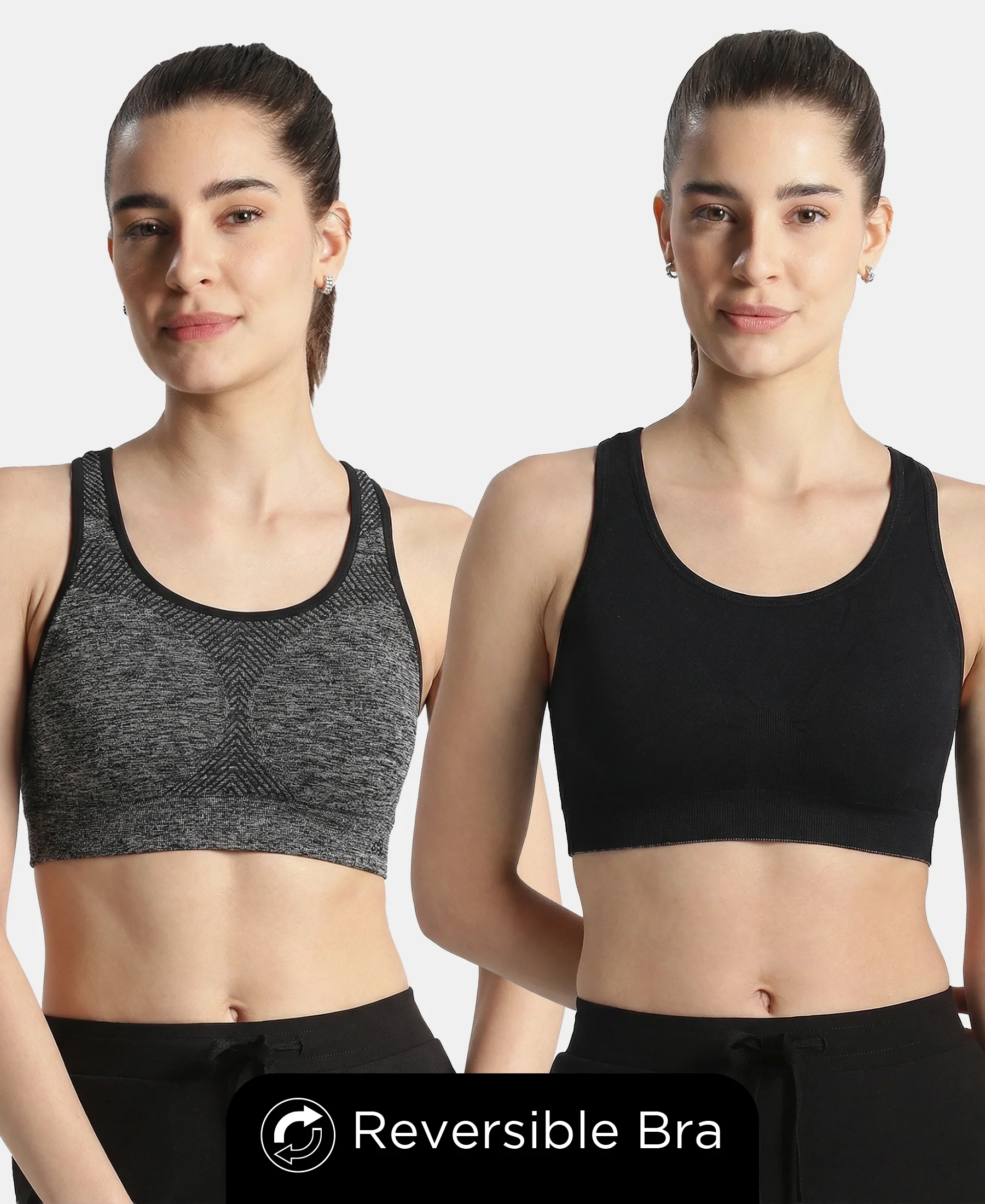 Wirefree Non Padded Micro Touch Nylon Elastane Full Coverage Reversible Active Bra With StayFresh Treatment - Black Melange - Image 5