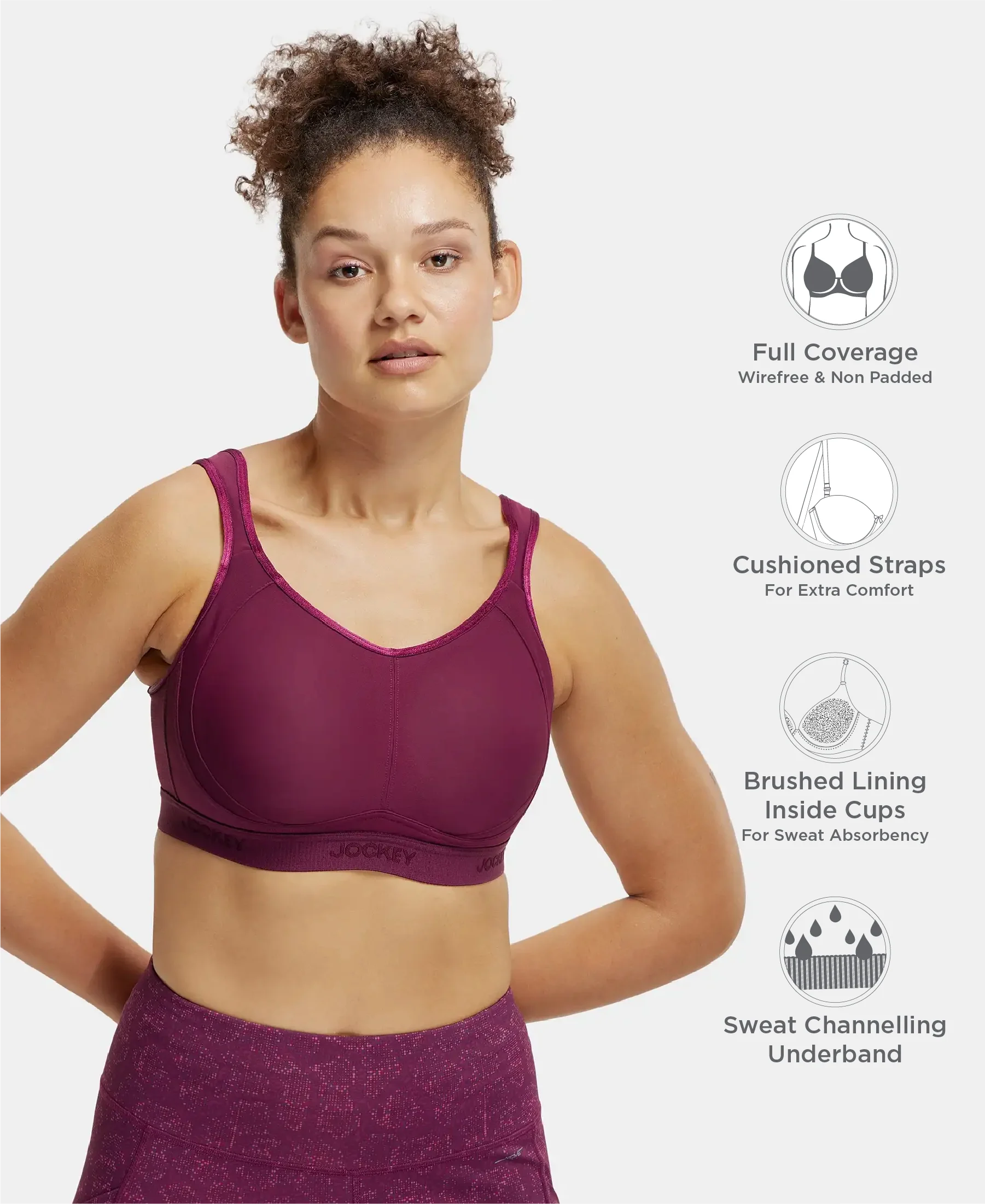 Wirefree Non Padded Plus Size Microfiber Elastane Stretch Full Coverage Sports Bra with StayDry Treatment - Grape Wine - Image 2