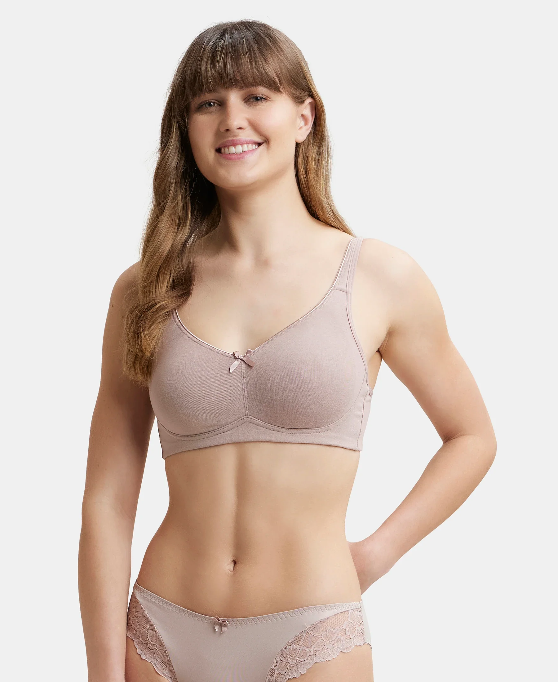 Wirefree Non Padded Plus Size Super Combed Cotton Elastane Stretch Full Coverage Everyday Bra with Concealed Shaper Panel - Mocha