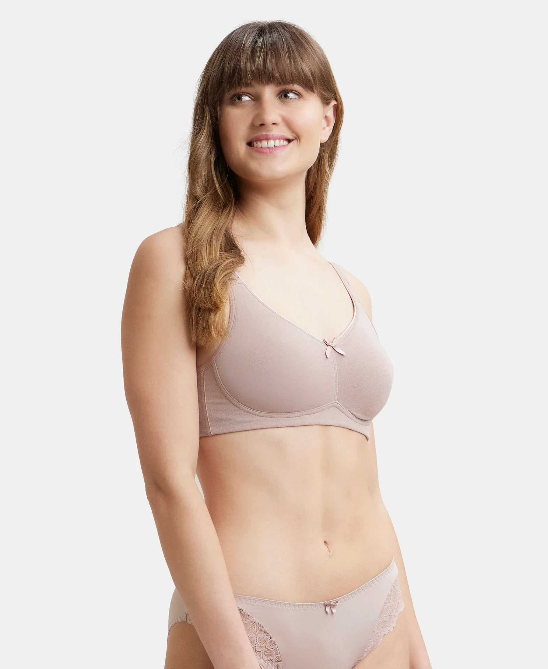 Wirefree Non Padded Plus Size Super Combed Cotton Elastane Stretch Full Coverage Everyday Bra with Concealed Shaper Panel - Mocha - Image 2