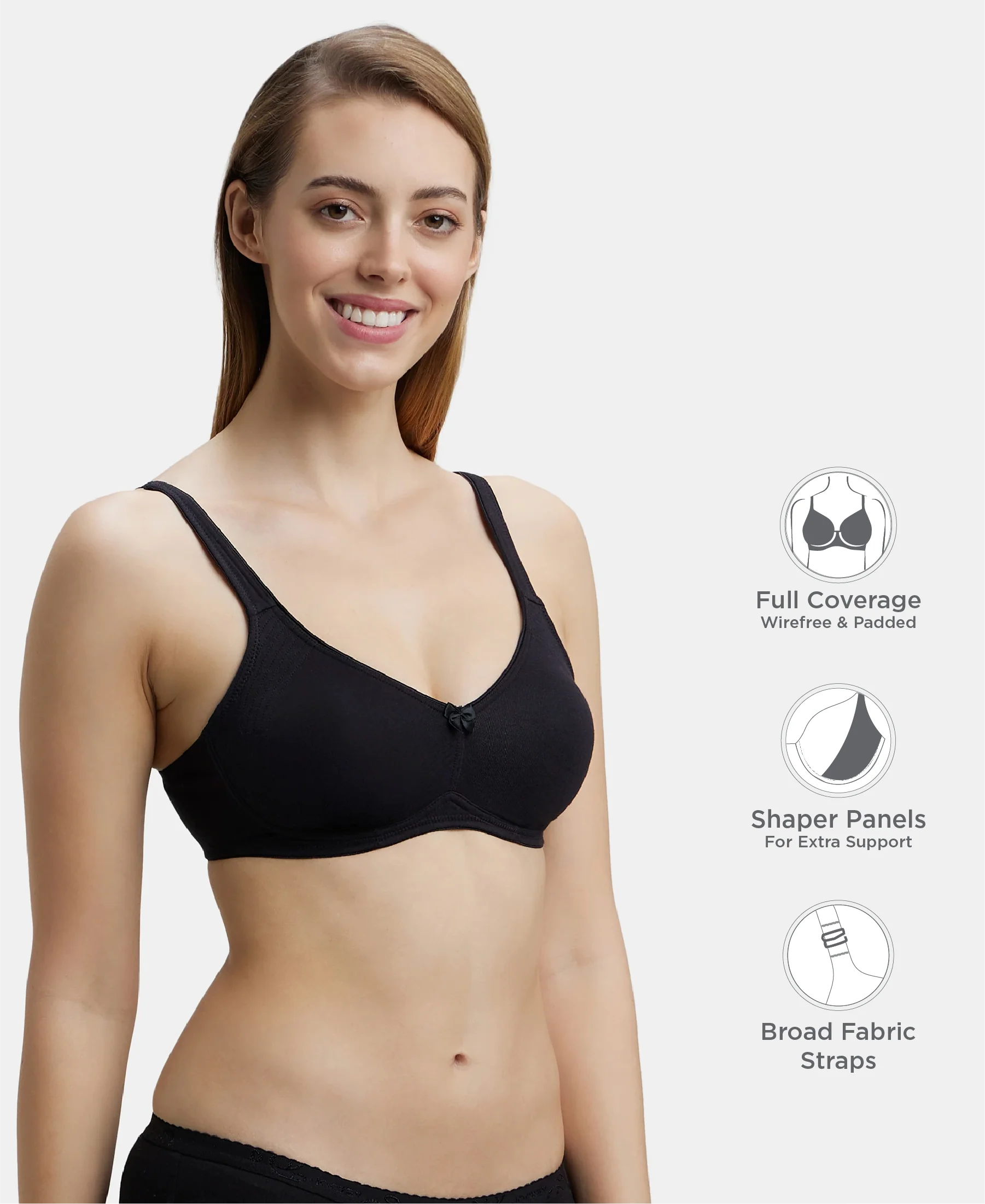 Wirefree Non Padded Super Combed Cotton Elastane Stretch Full Coverage Everyday Bra with Contoured Shaper Panel and Adjustable Straps - Black - Image 2