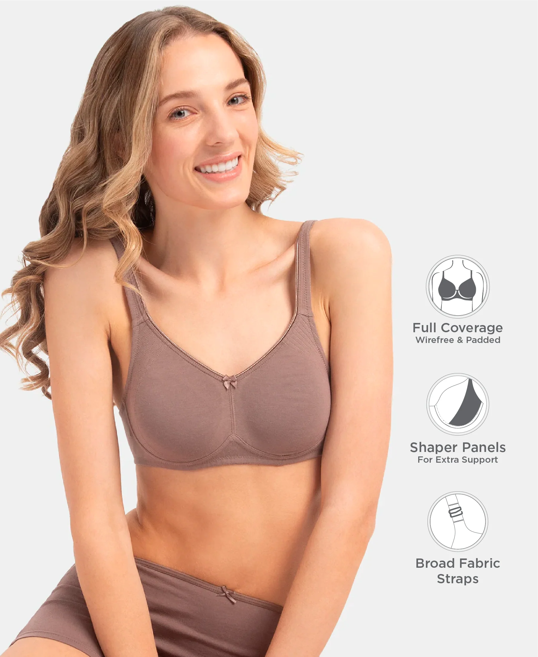 Wirefree Non Padded Plus Size Super Combed Cotton Elastane Stretch Full Coverage Everyday Bra with Contoured Shaper Panel and Adjustable Straps - Deep Taupe - Image 2